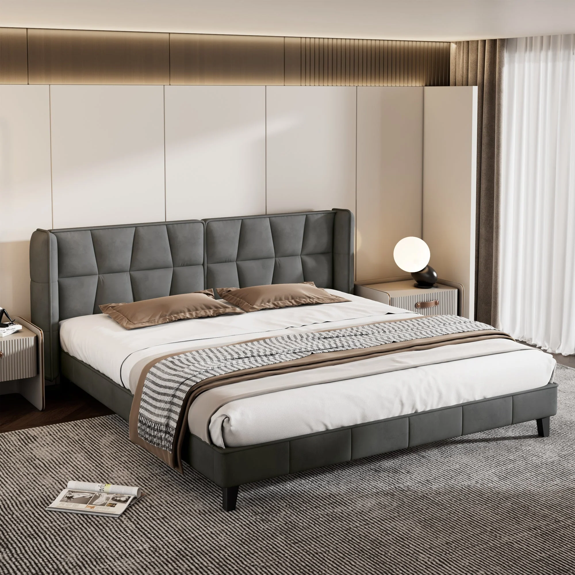 Upholstered Bed with Slatted Base and Headboard, 160x200cm, Grey Velvet - Image 4