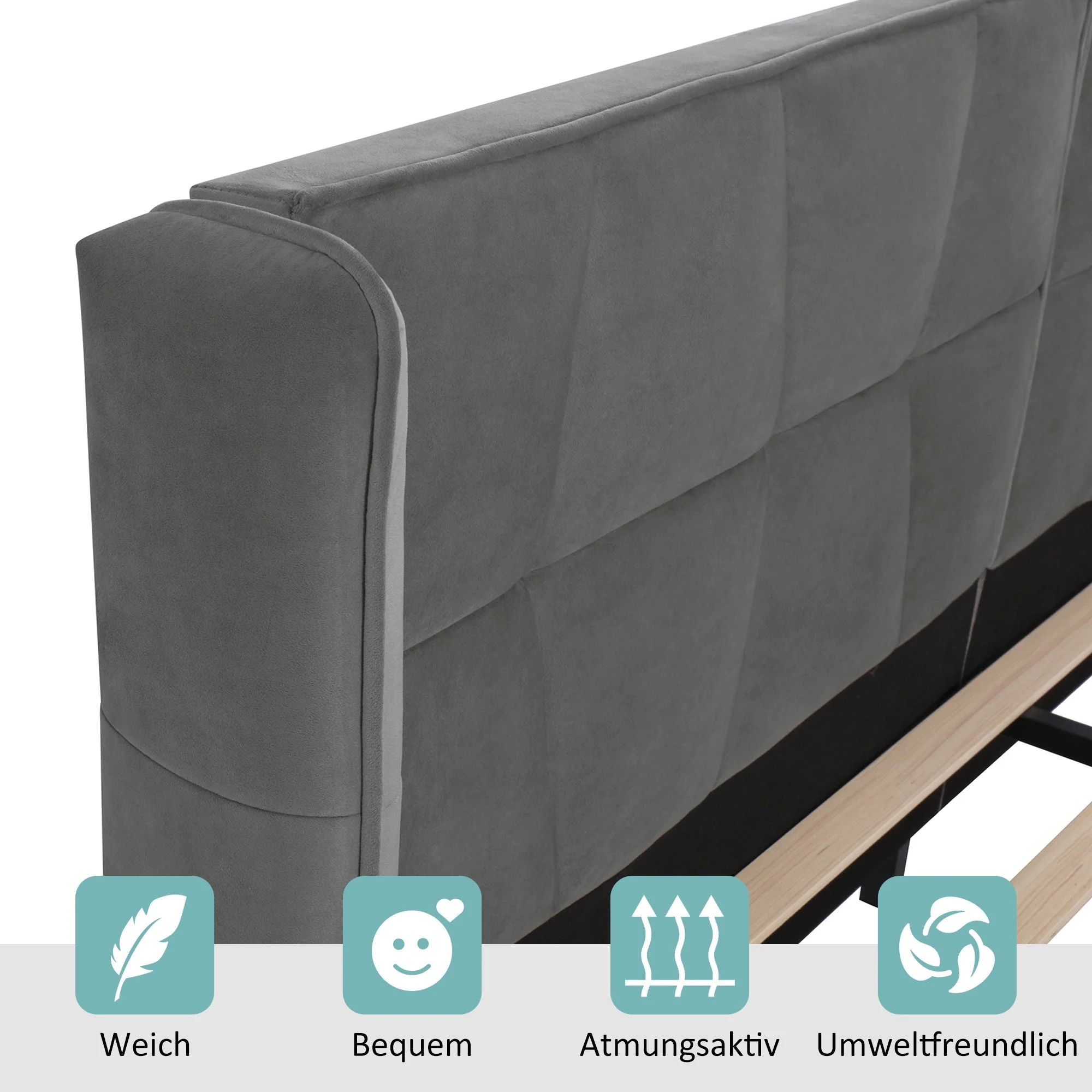 Upholstered Bed with Slatted Base and Headboard, 160x200cm, Grey Velvet - Image 5