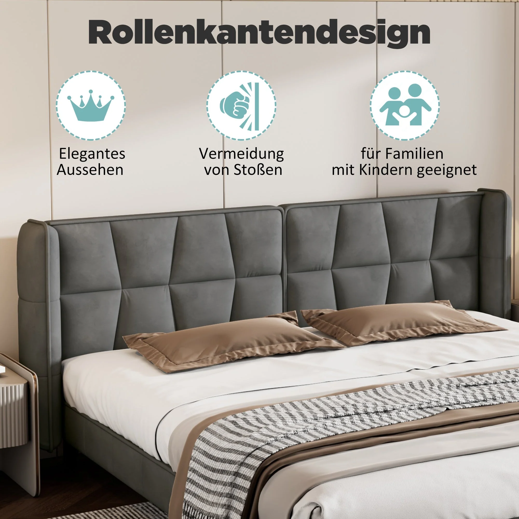 Upholstered Bed with Slatted Base and Headboard, 160x200cm, Grey Velvet - Image 7
