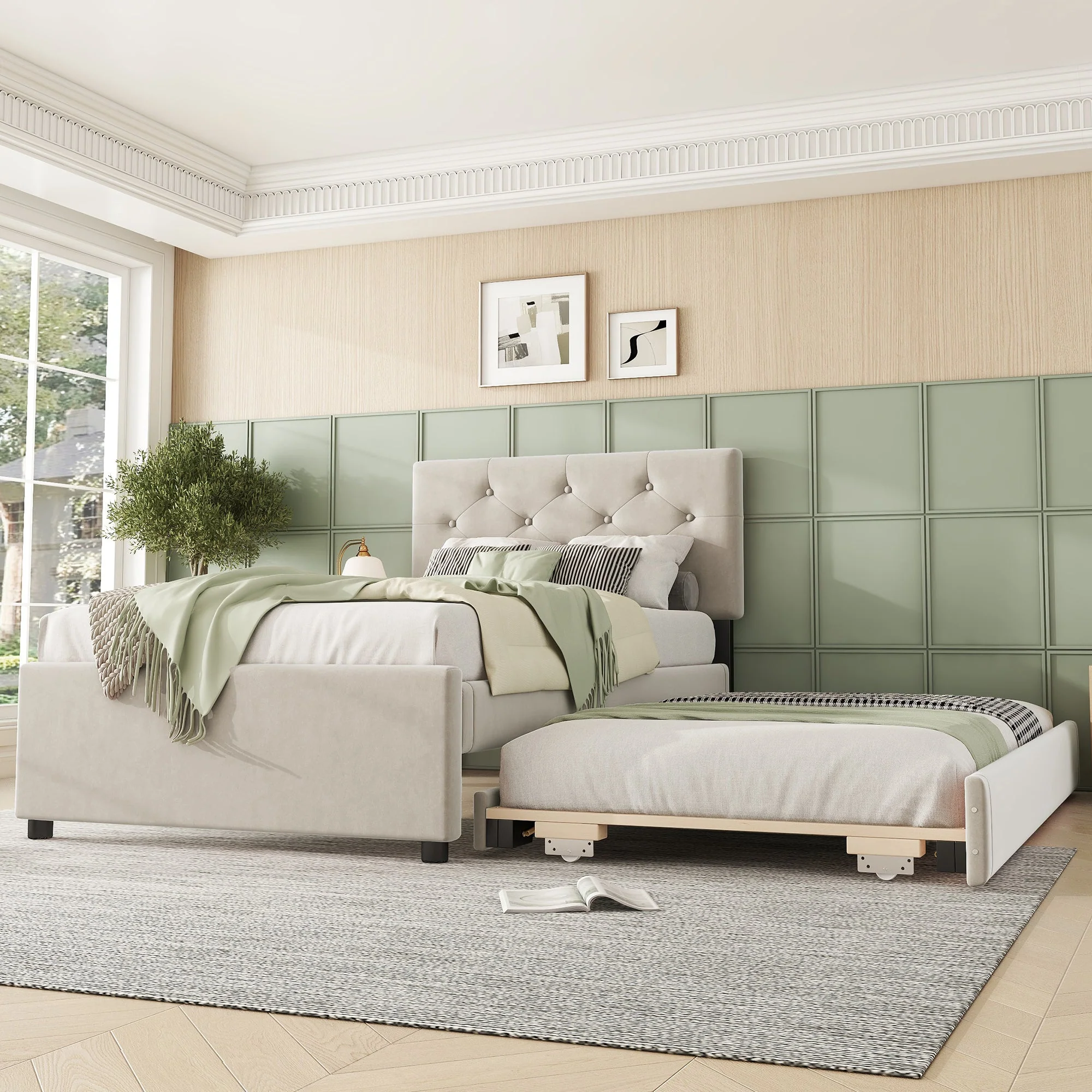 Upholstered Bed with Slatted Base and Rolling Storage, 90x200cm, Beige Velvet