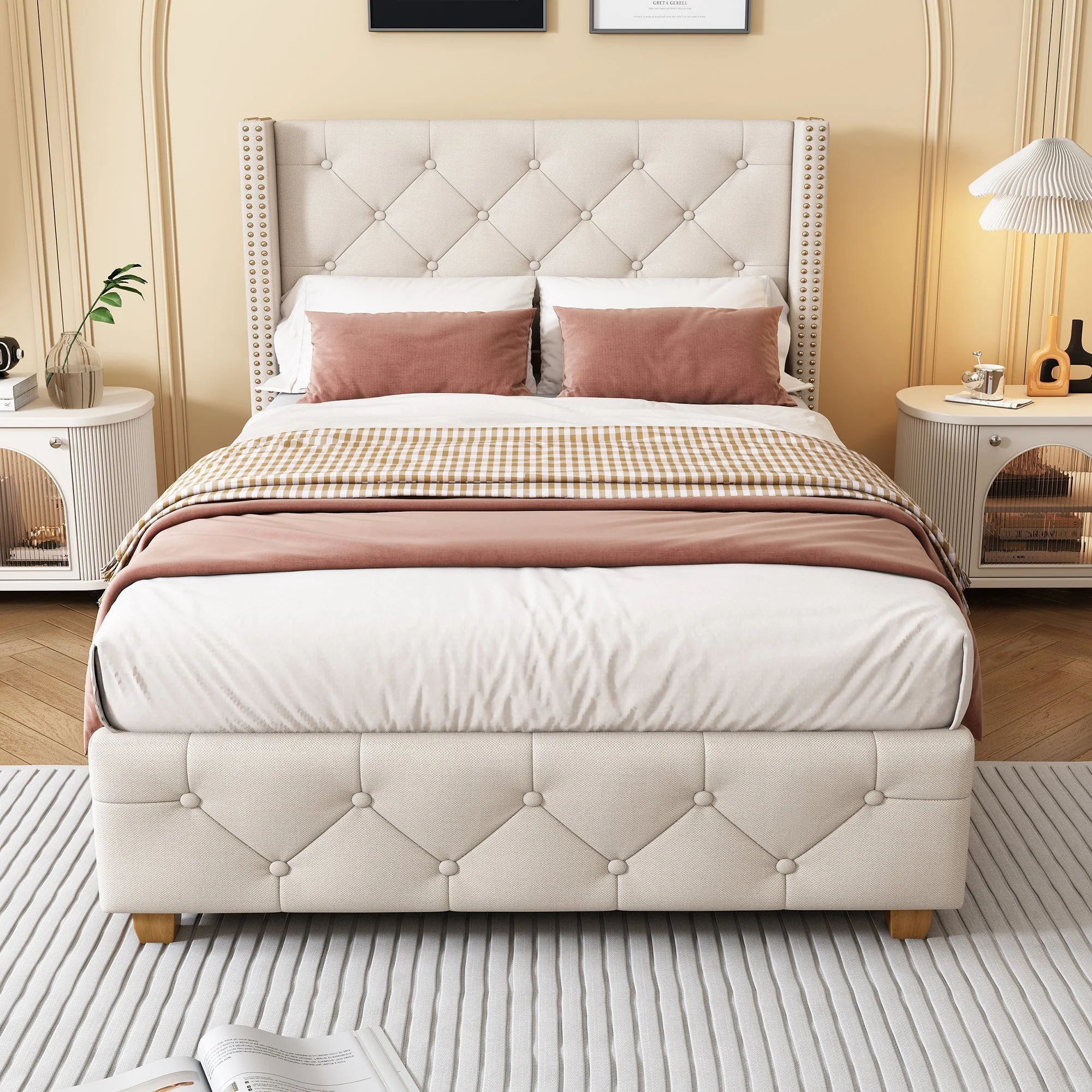 Upholstered Bed with Slatted Frame and Headboard, 90x200cm, Beige Linen - Image 2