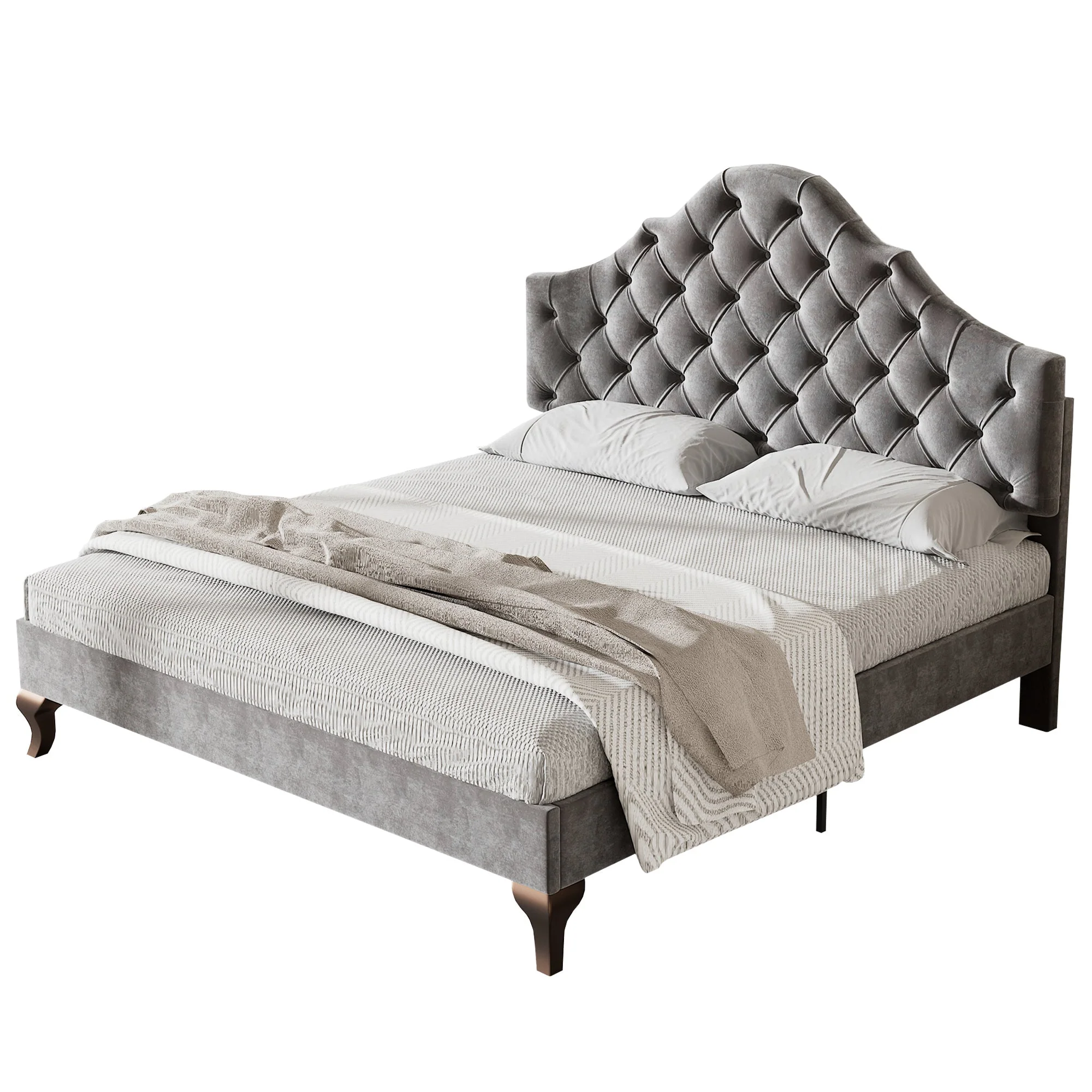 Upholstered Bed with Slatted Frame and Height-Adjustable Headboard, 140x200, Gray Velvet - Image 6
