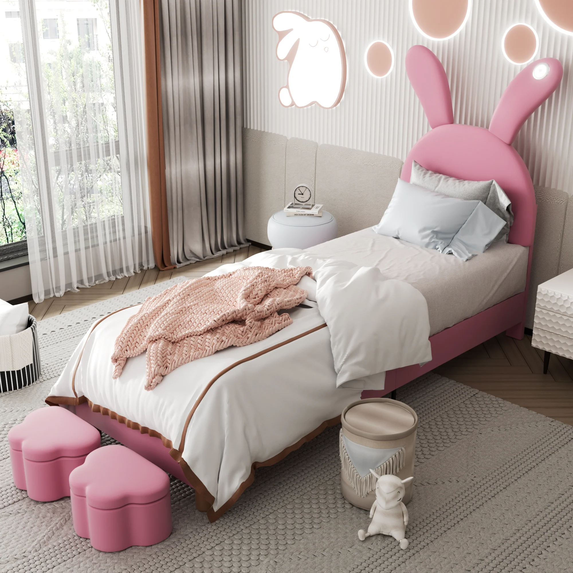 Upholstered Bed with Storage Stools, LED Lighting and Bunny Ears, Pink French Velvet - Image 3