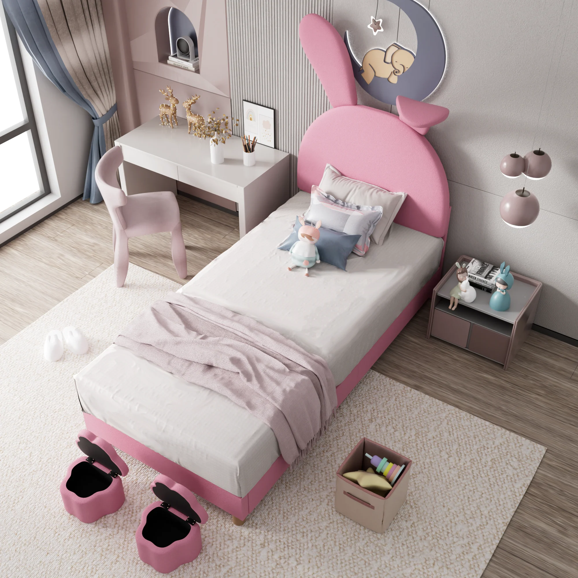 Upholstered Bed with Storage Stools, LED Lighting and Bunny Ears, Pink French Velvet - Image 4