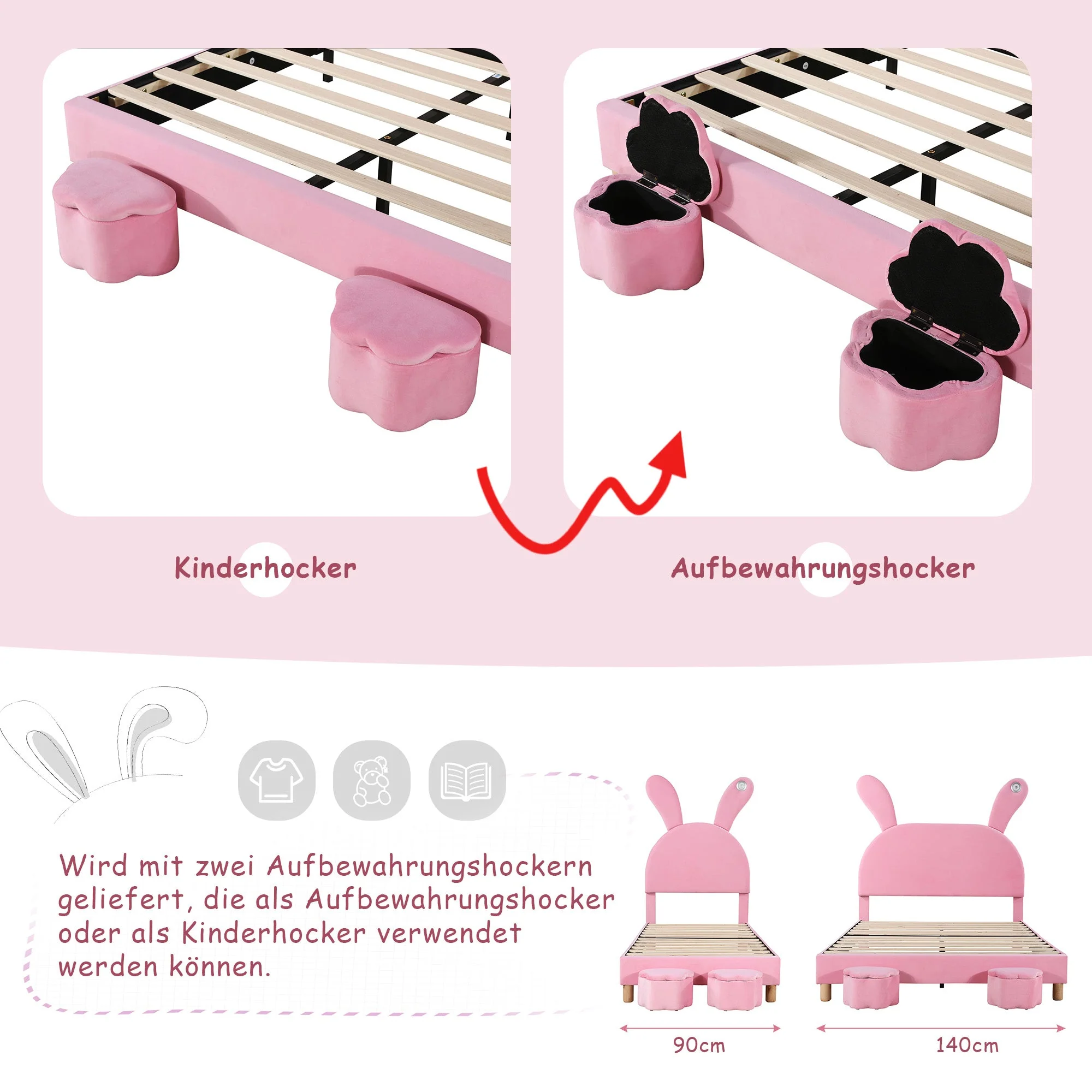 Upholstered Bed with Storage Stools, LED Lighting and Bunny Ears, Pink French Velvet - Image 5