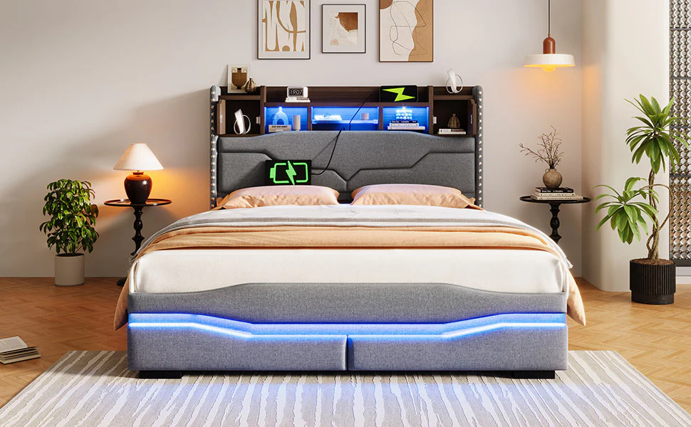 Upholstered Bed with USB-C Charging, LED Ambient Lighting and Hydraulic Storage, Grey - Image 10