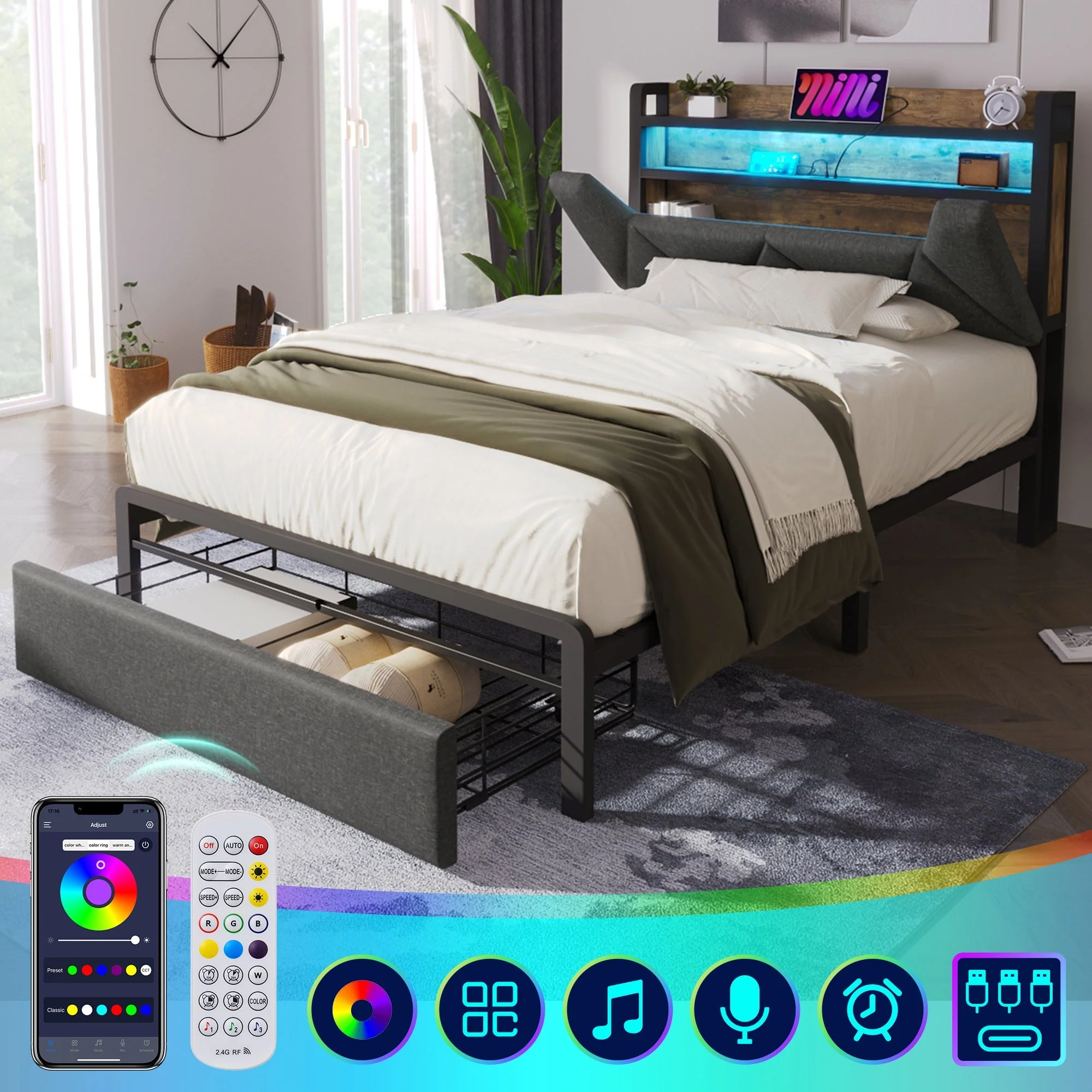 Upholstered Bed with USB-C Charging, LED Headboard, Drawers, Single 90x200cm - Metal Slatted Base, Grey - Image 5
