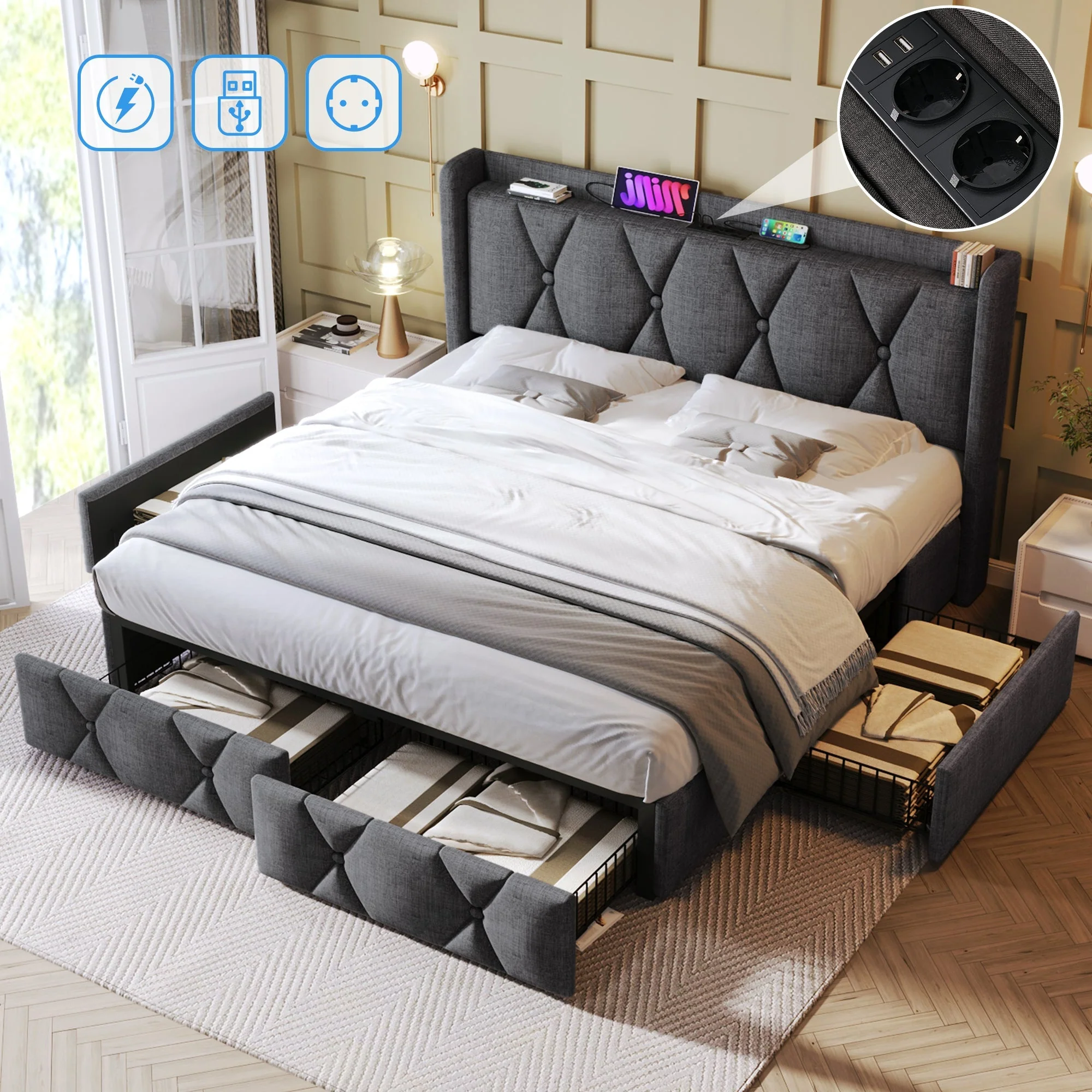 Upholstered Bed with USB Charging Headboard, 4 Drawers, 140x200cm, Gray - Image 10