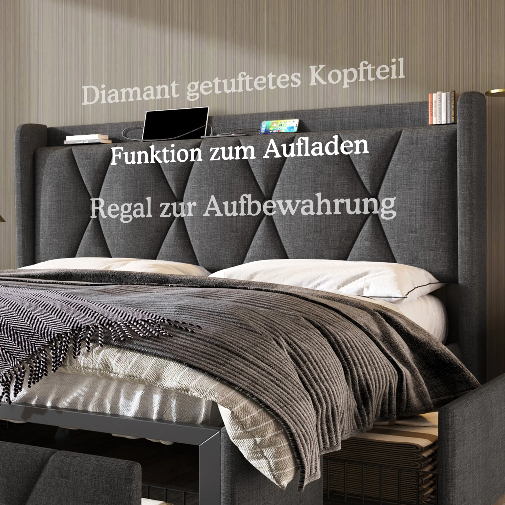 Upholstered Bed with USB Charging Headboard and 4 Drawers, 160x200cm, Grey Wood and Fabric - Image 4