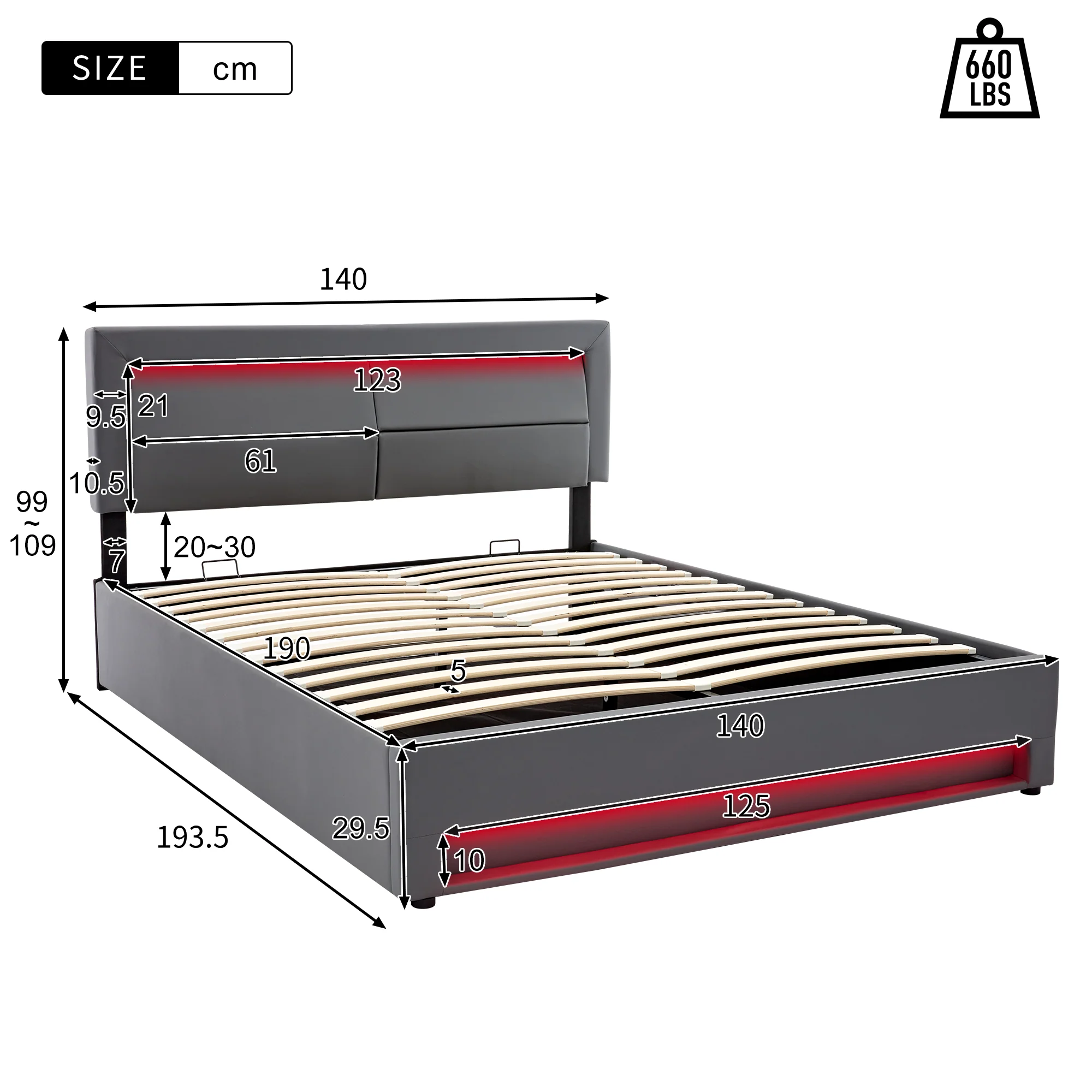 Upholstered Bed with USB Charging, LED Lighting and Storage, 140x190cm, Grey PU Leather - Image 8