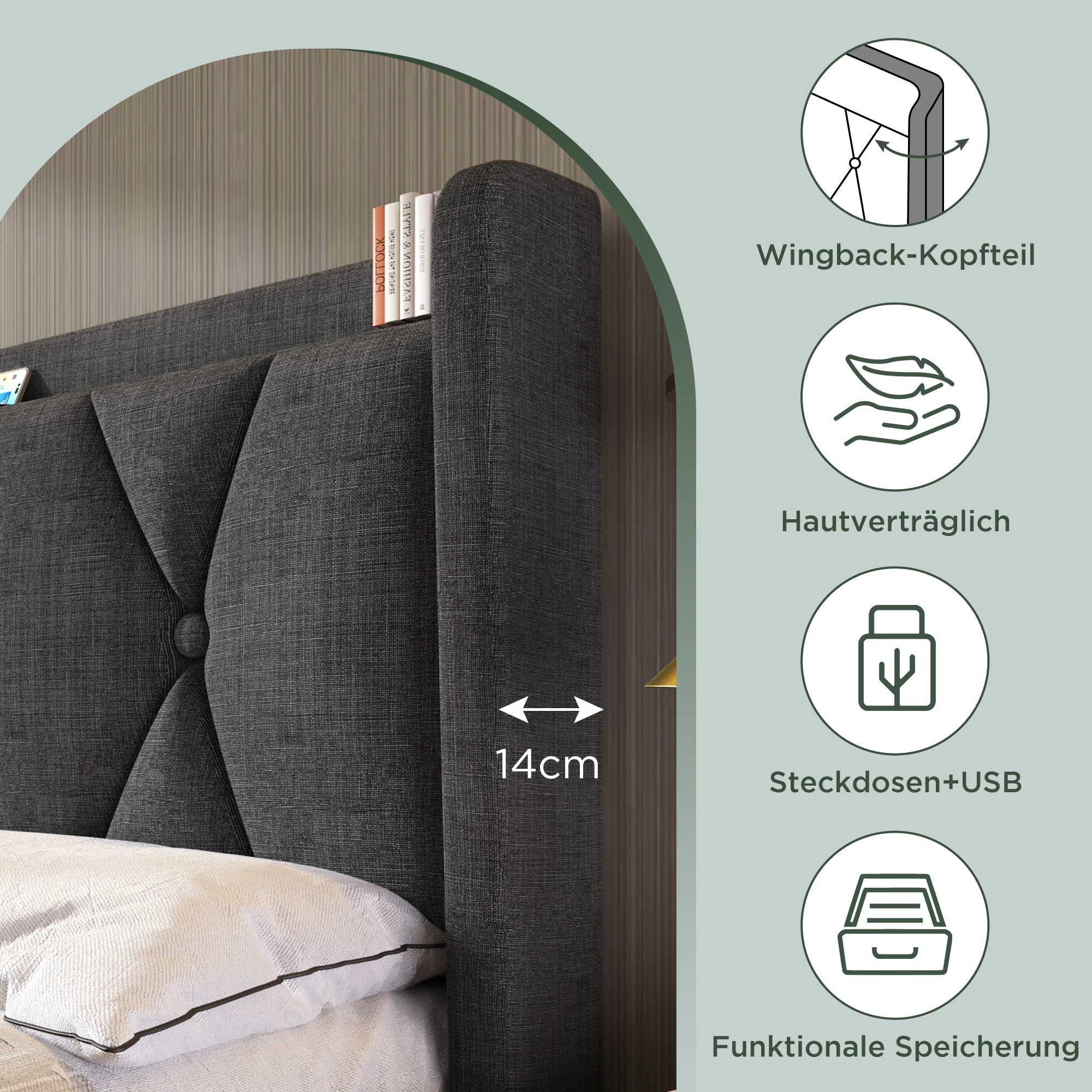 Upholstered Bed with USB Headboard & 4 Drawers, 140x200cm Storage, Wood Slatted Frame, Gray - Image 3
