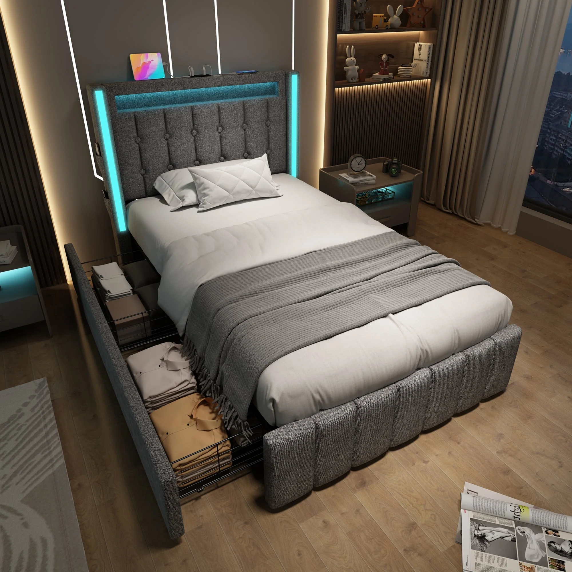 Upholstered Bed with USB & LED, 2 Drawers, Wooden Slatted Frame, Grey - Image 8