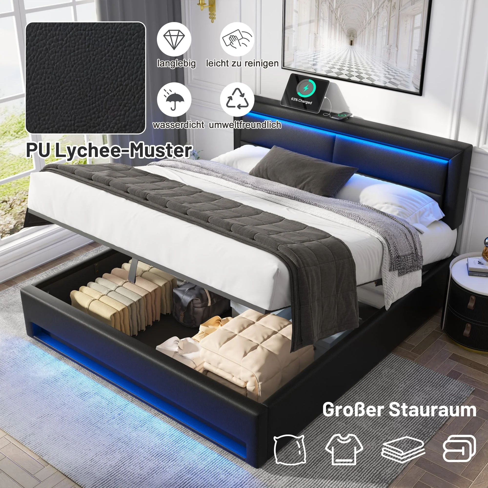 Upholstered Bed with USB, LED and Storage, 160x200cm, Black PU Lychee Pattern - Image 5