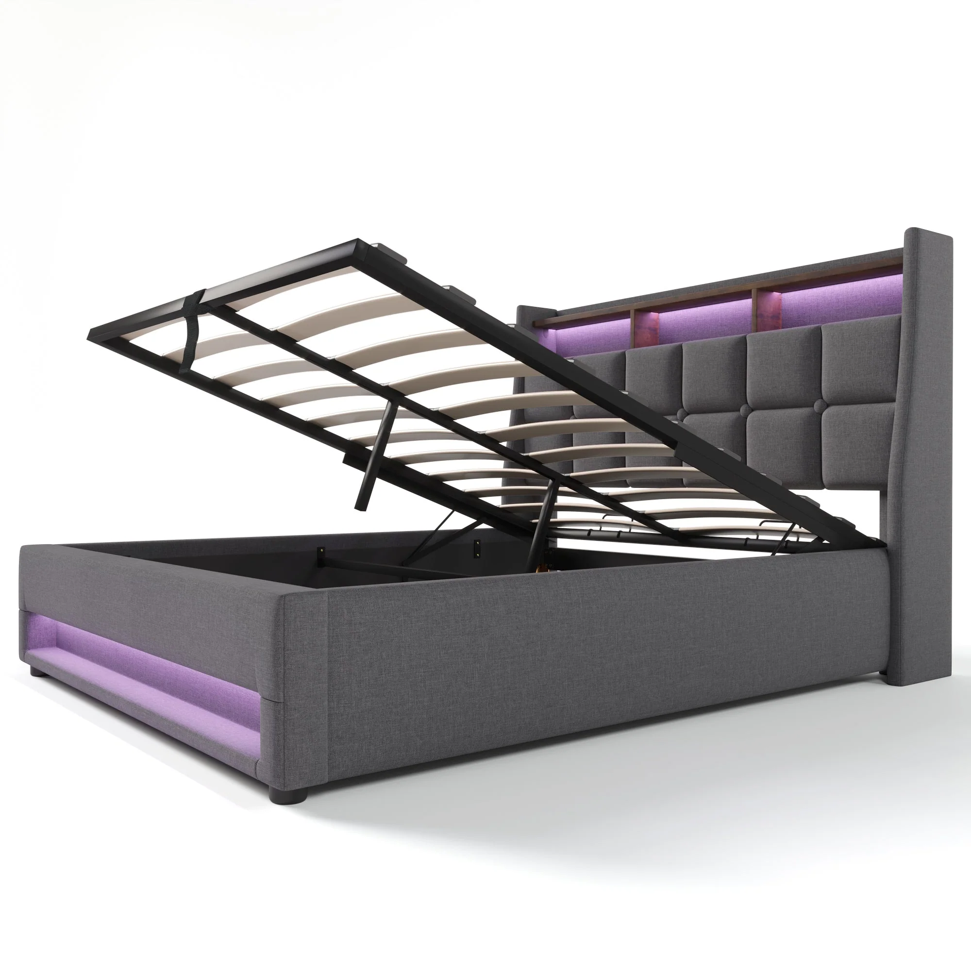 Upholstered Bed with USB, LED Double Bed, Metal Frame, Linen - Image 4
