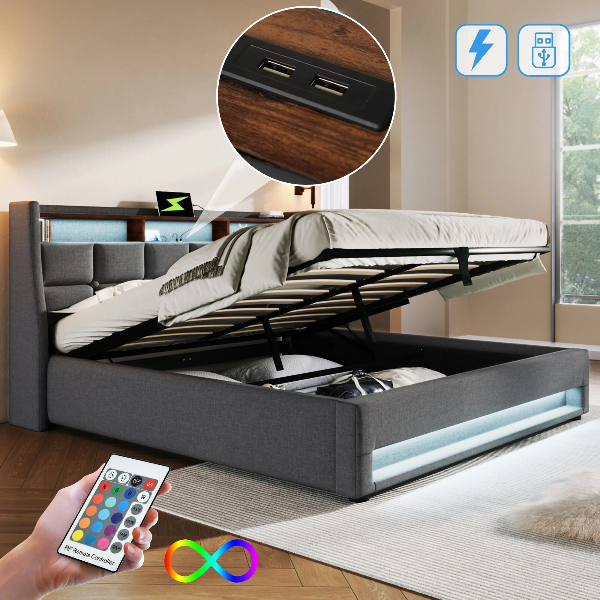 Upholstered Bed with USB, LED Double Bed, Metal Frame, Linen - Image 9