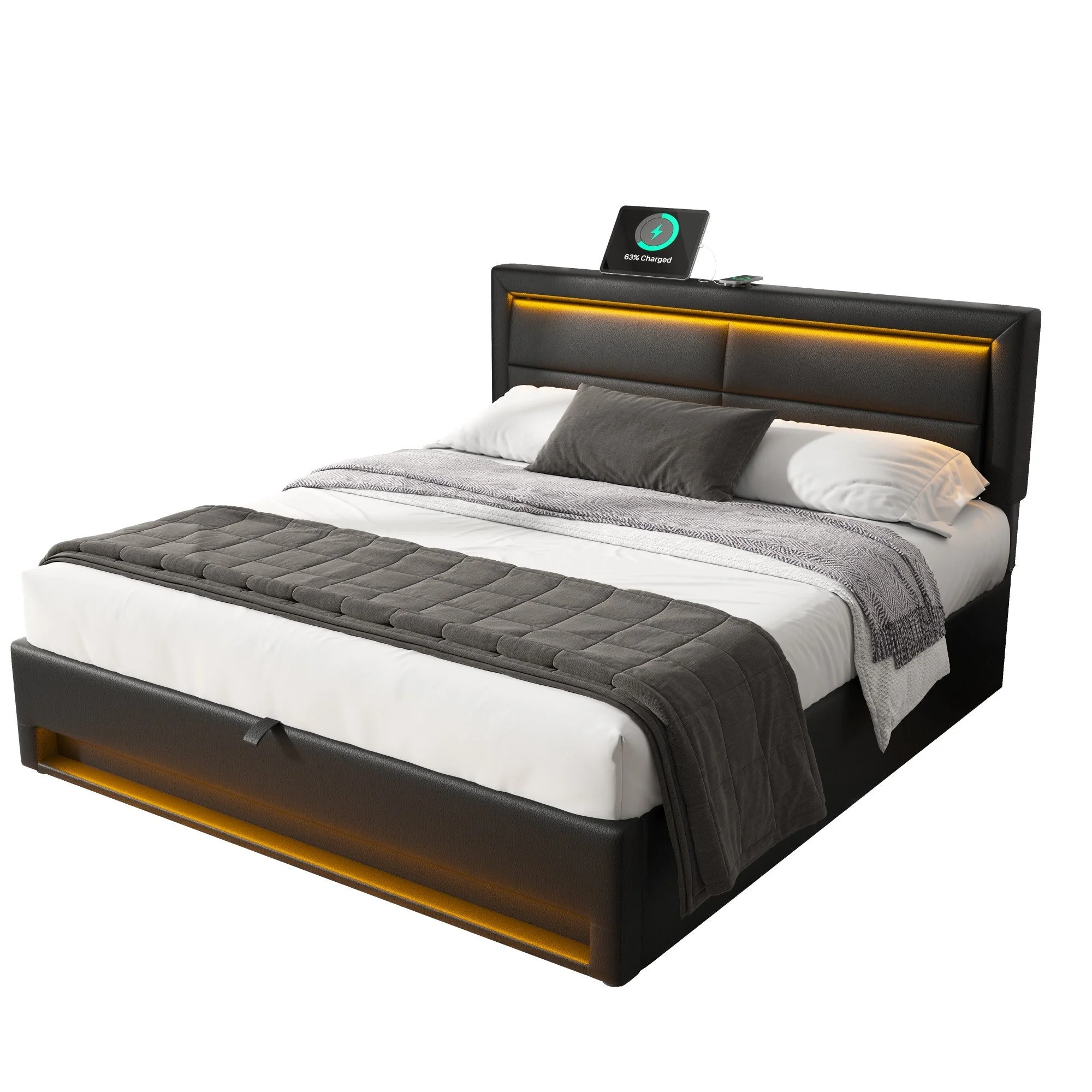 Upholstered Bed with USB Port, LED Lighting and Storage, 140x190cm, Black PU Leather - Image 7