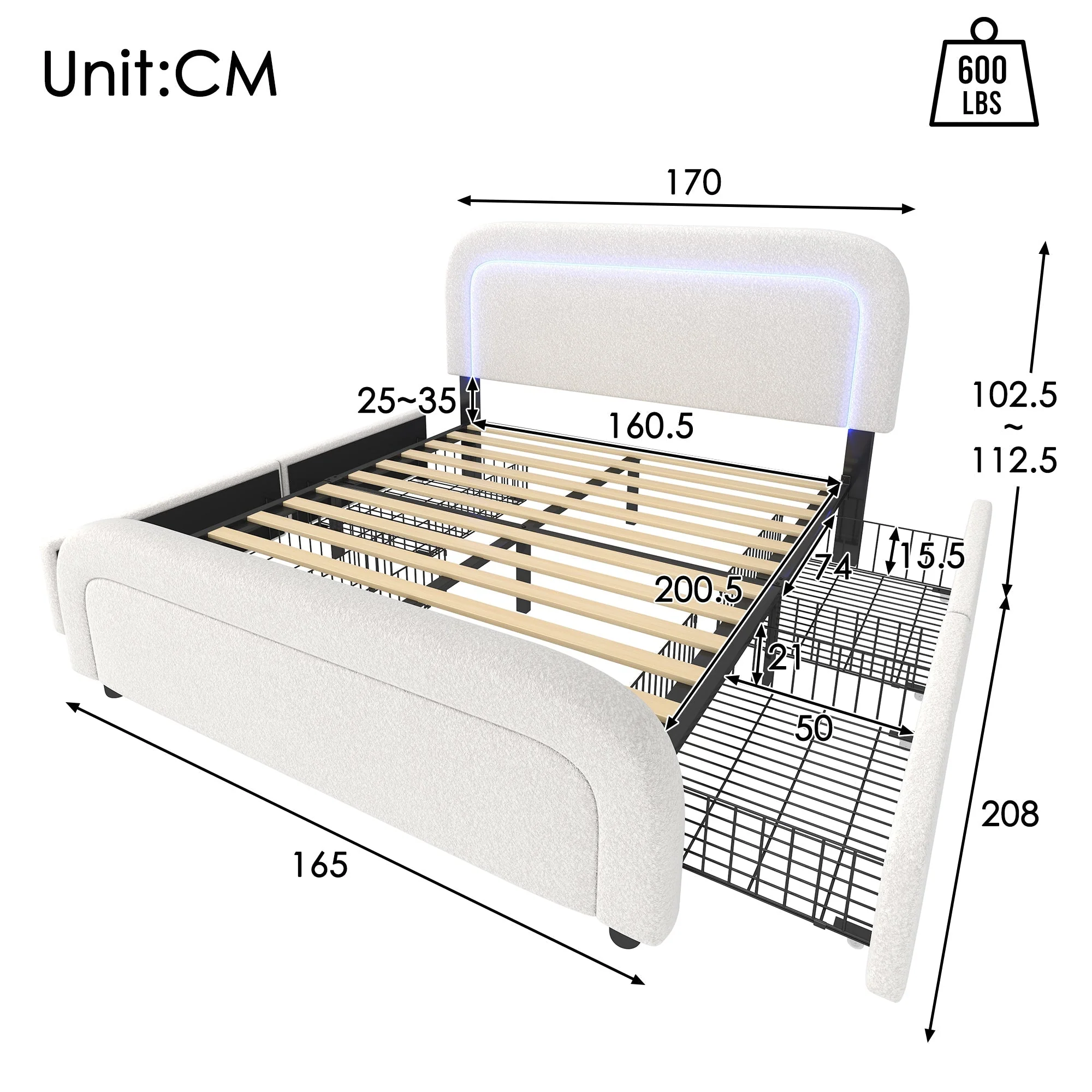 Upholstered Bed with USB Type C, LED Lighting and 4 Drawers, 160x200cm, Sherpa White with Mattress - Image 3