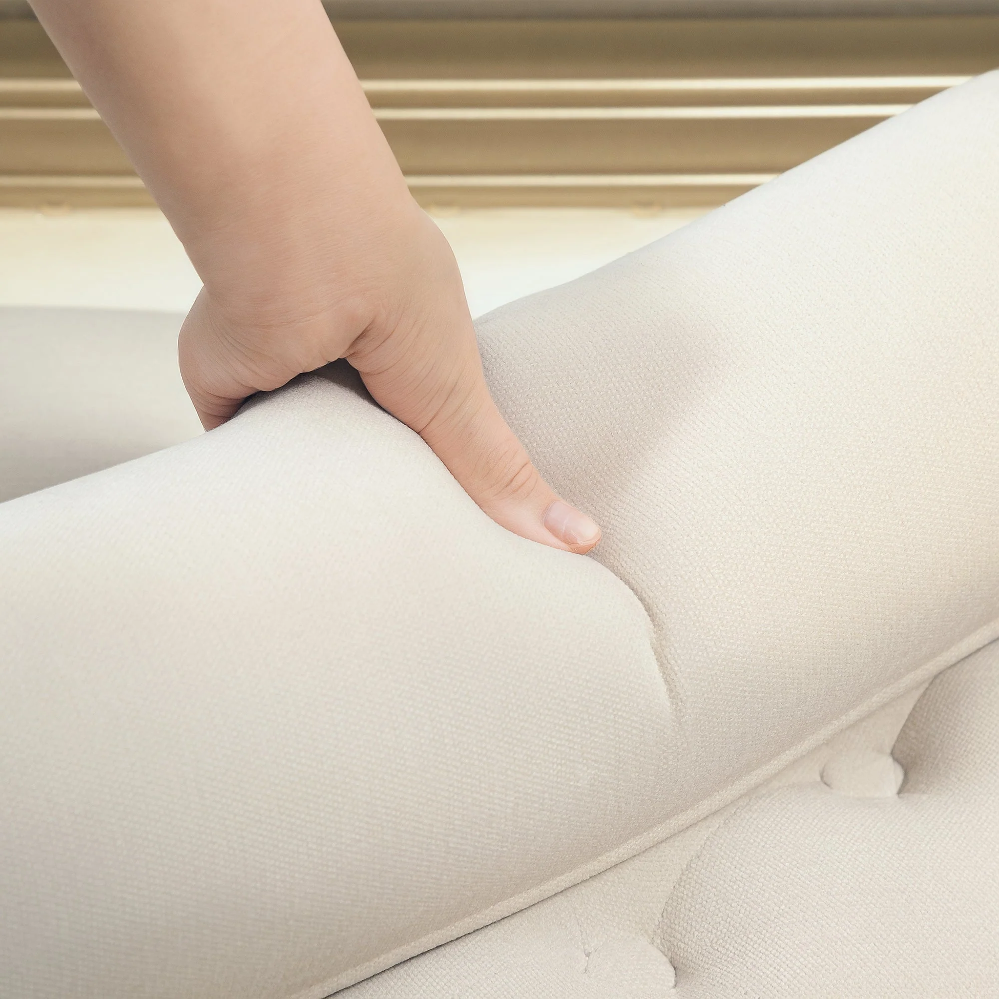 Upholstered Bench, Armrest Bed Bench, 2 Cylinder Cushions, Wooden Frame, Beige Chenille - Image 7