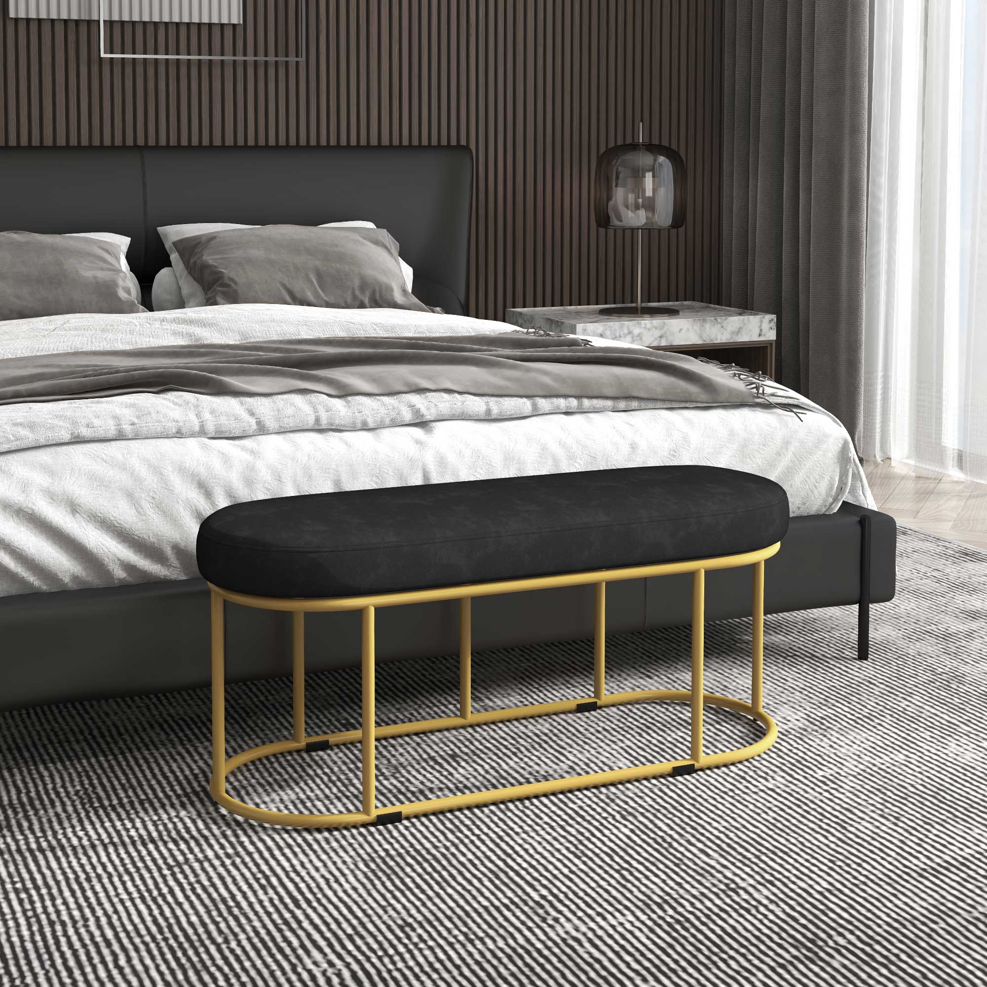 Upholstered Bench, Velvet Look, 200kg, Steel, Black