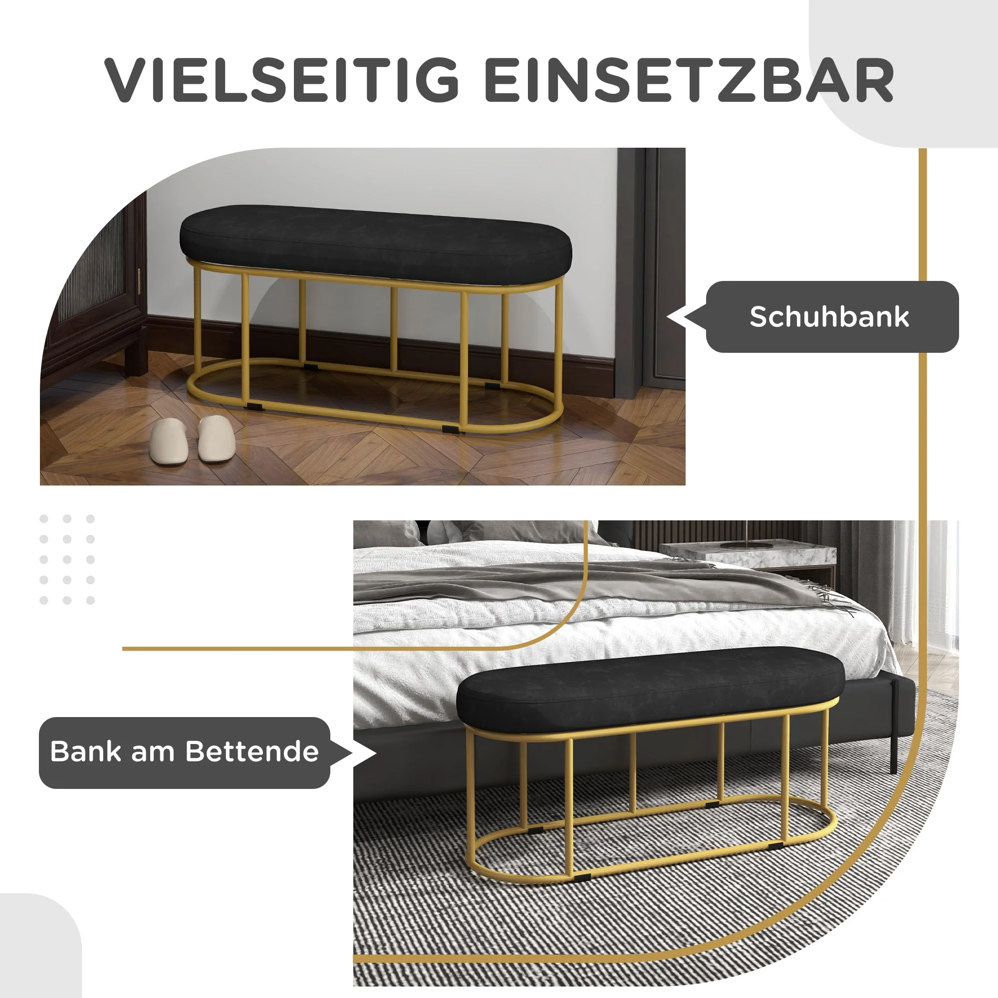 Upholstered Bench, Velvet Look, 200kg, Steel, Black - Image 4
