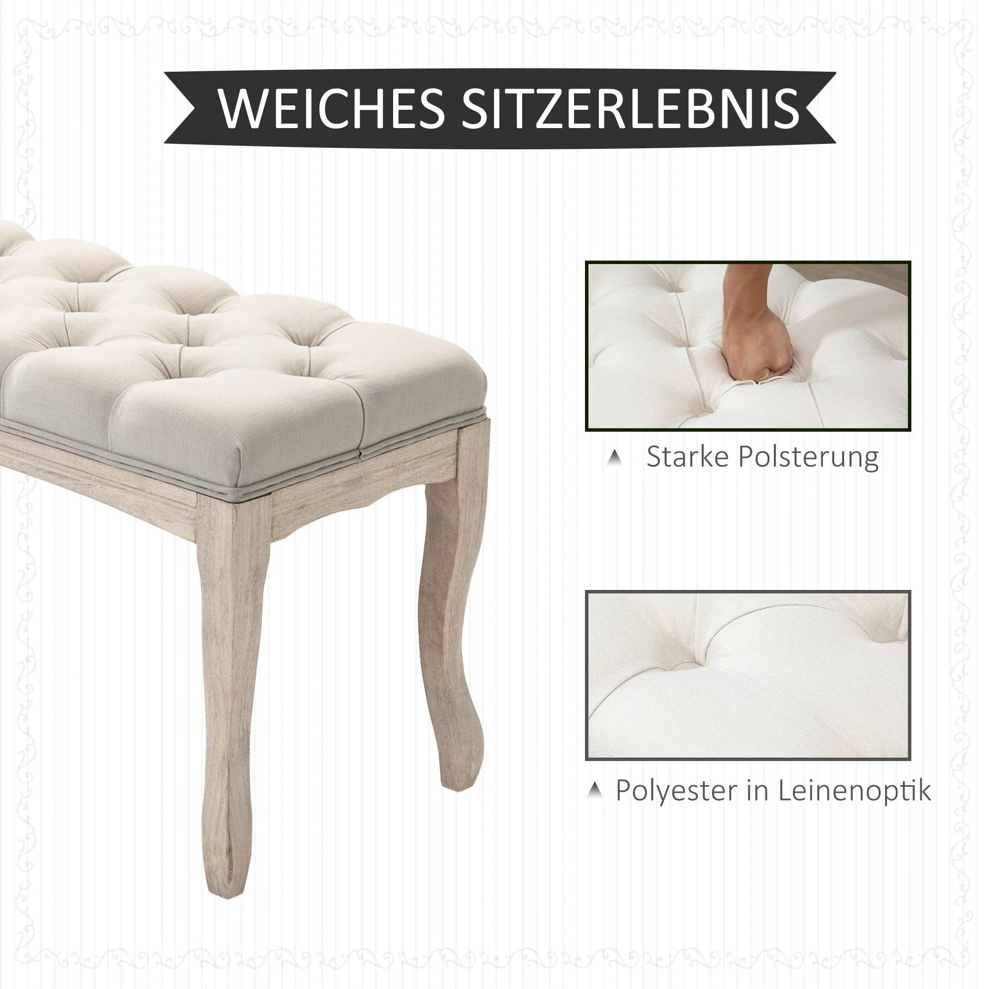 Upholstered bench vintage bed bench for bedroom & living room, rubberwood with linen cover, beige - Image 4