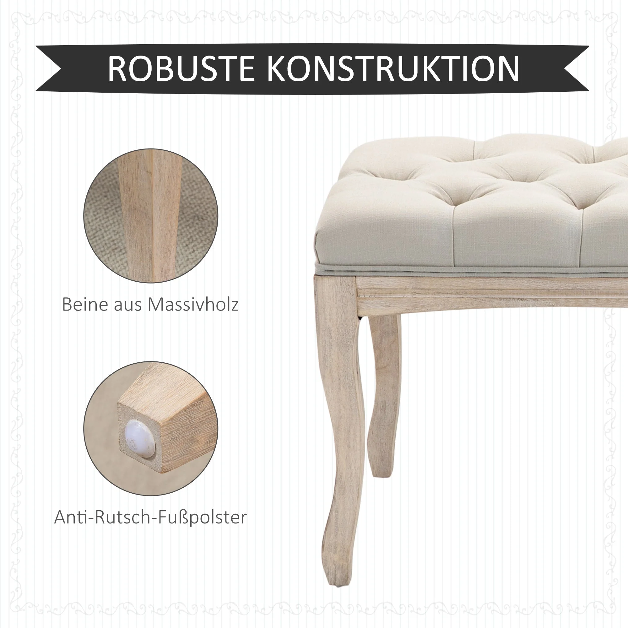 Upholstered bench vintage bed bench for bedroom & living room, rubberwood with linen cover, beige - Image 5