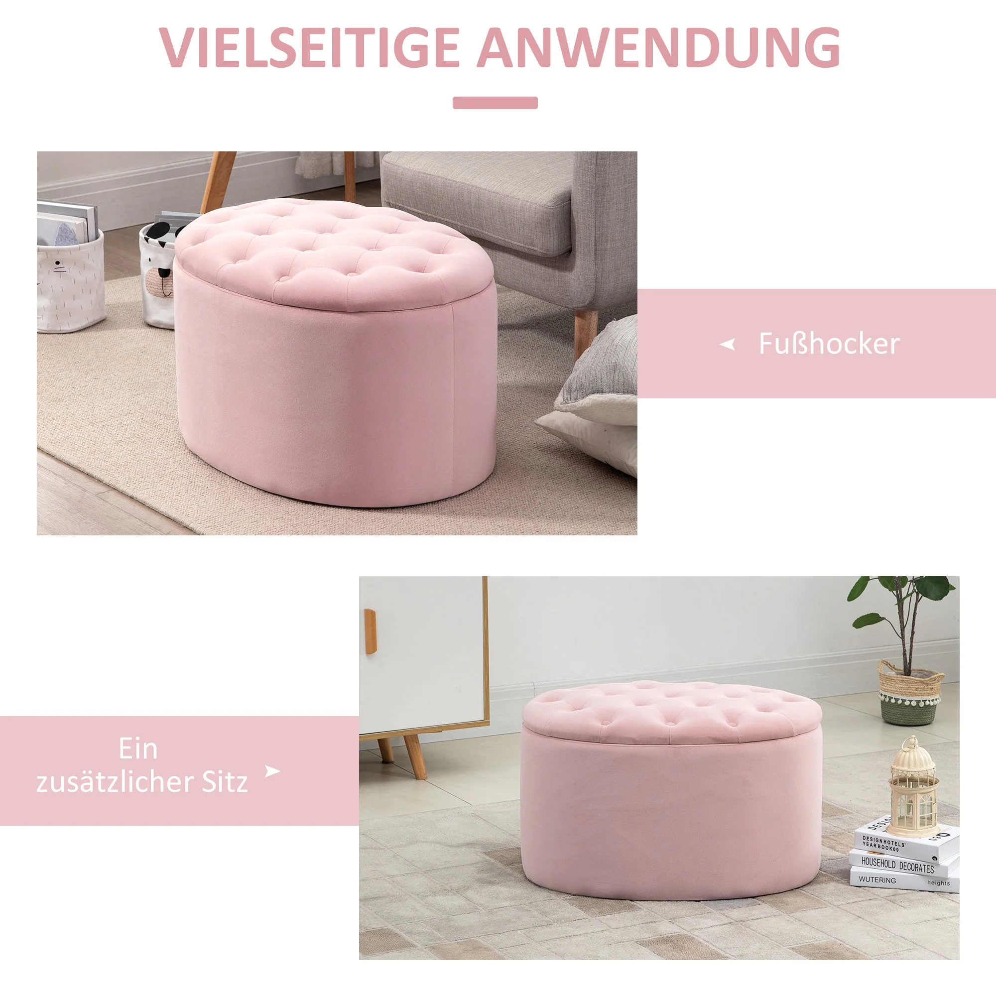 Upholstered Bench with Storage, Oval Shape, Velvet Polyester - Image 5