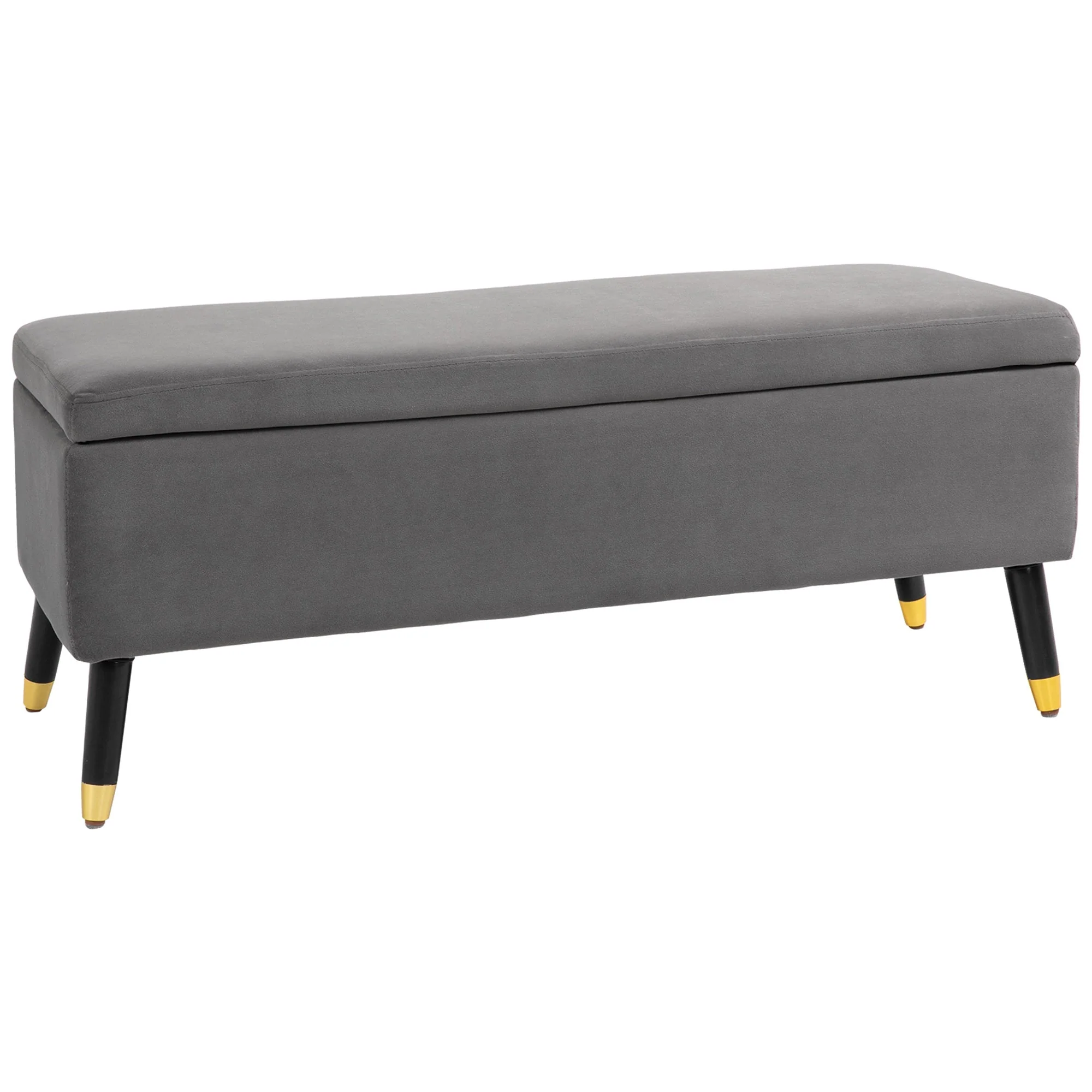 Upholstered bench with storage space, metal and rubber wood, charcoal grey