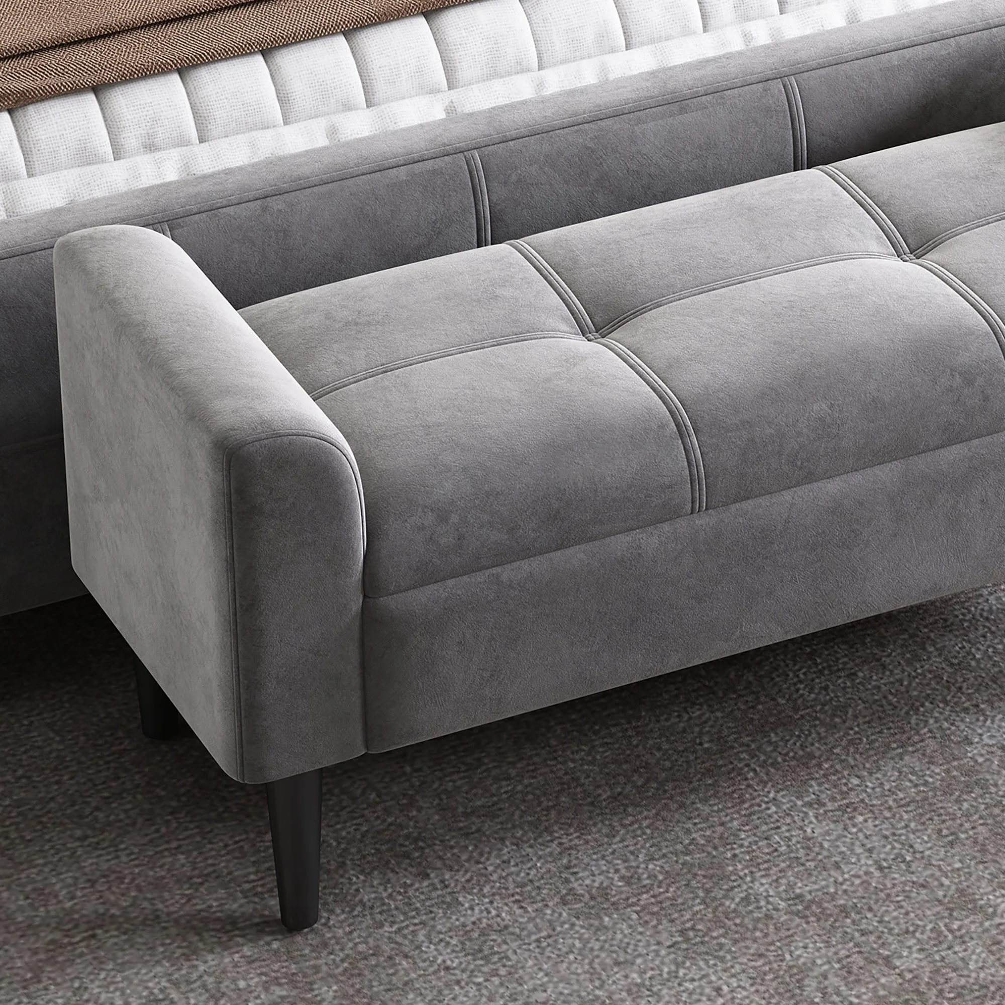 Upholstered Benches with Armrests, Quilted Pattern, Velvet, Grey - Image 8