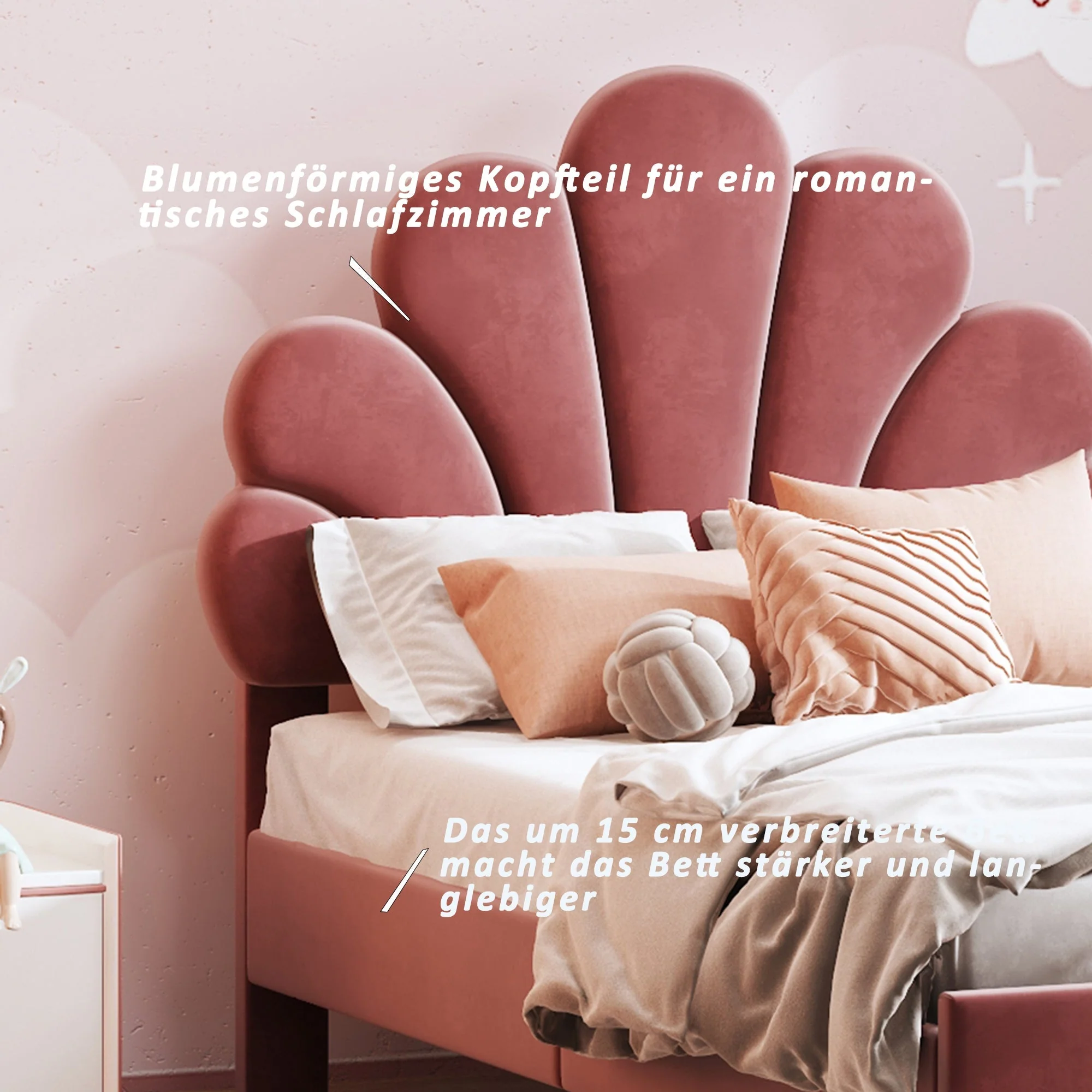 Upholstered Children's Bed 90 x 200 cm, Flower Headboard, Slatted Frame, Velvet Fabric, Bean Red - Image 6