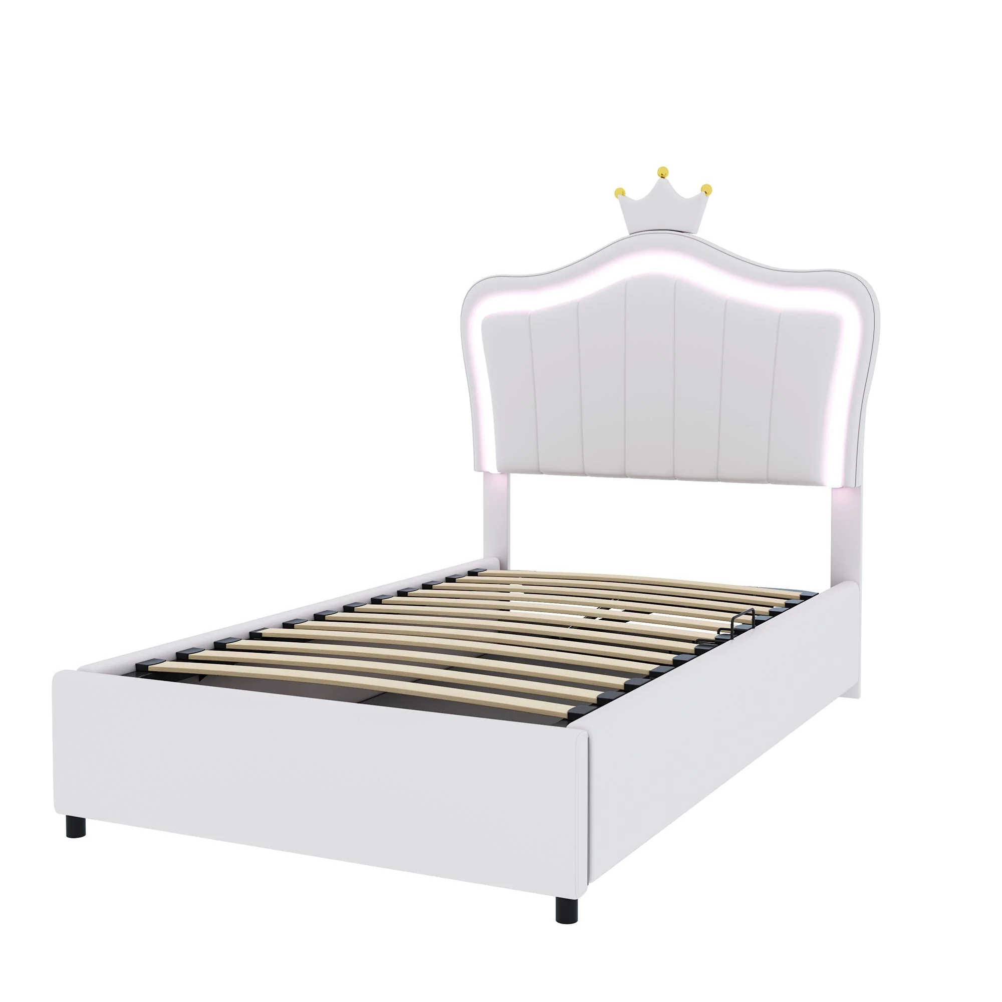 Upholstered Children's Bed 90x200 cm, Crown Design, LED Lighting, Hydraulic Storage, White Artificial Leather - Image 10