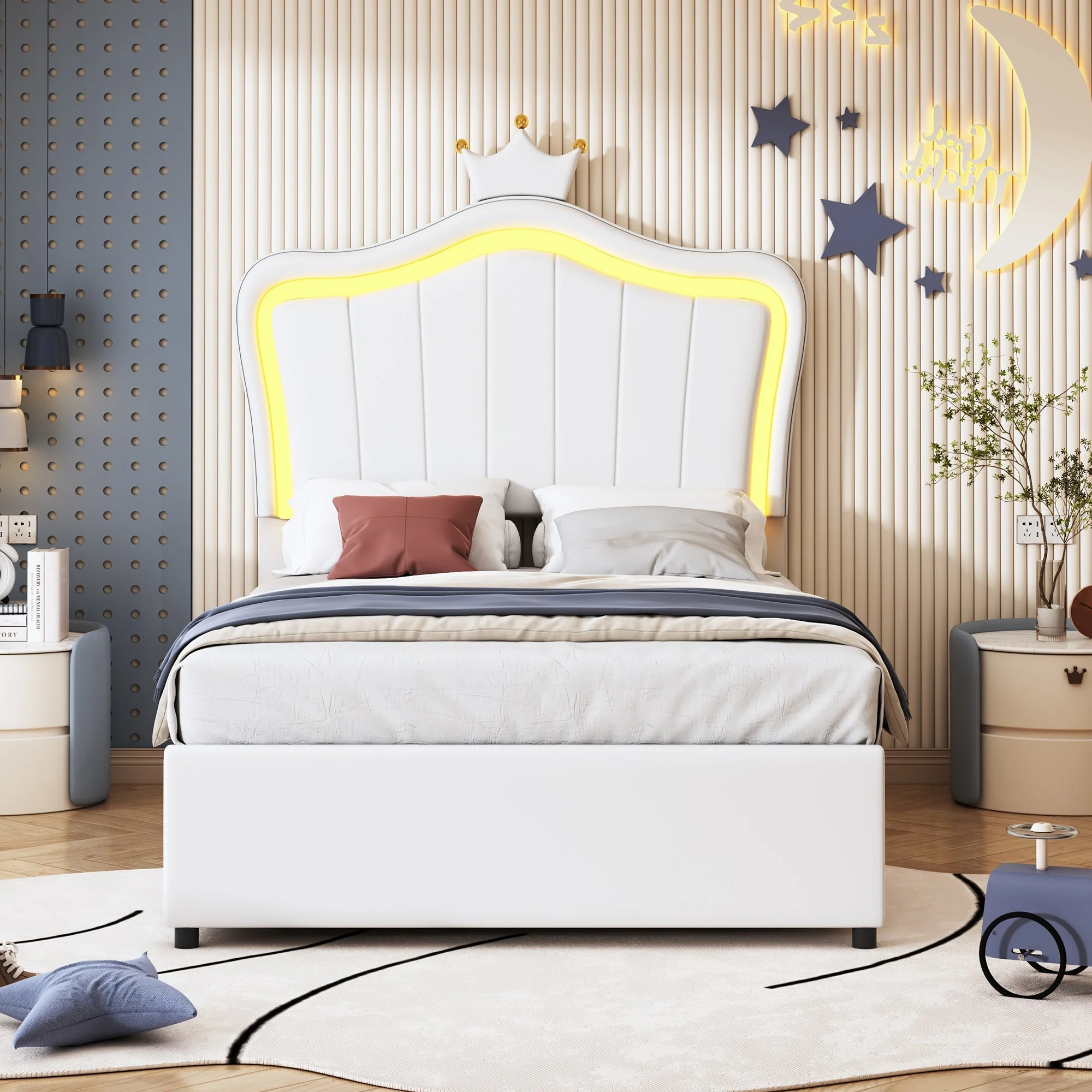 Upholstered Children's Bed 90x200 cm, Crown Design, LED Lighting, Hydraulic Storage, White Artificial Leather - Image 2