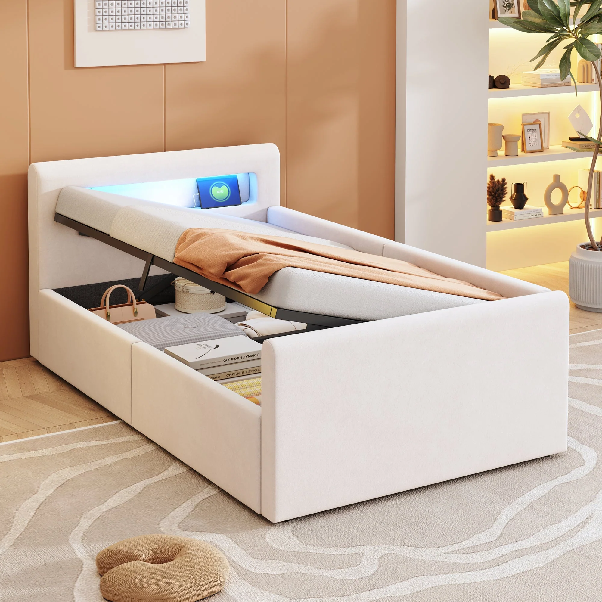 Upholstered Children's Bed 90x200 cm, LED/USB, Hydraulic Storage, Shelf, Velvet Fabric Beige