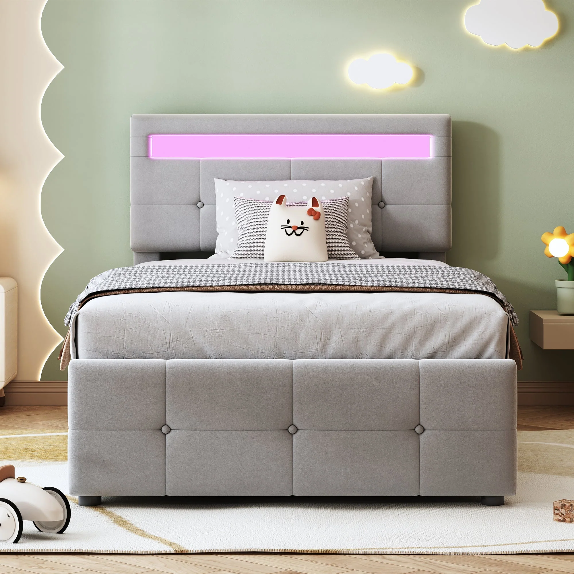 Upholstered Children's Bed, 90x200 cm with LED, Hydraulic Storage, Adjustable Headboard, Velvet Grey - Image 2