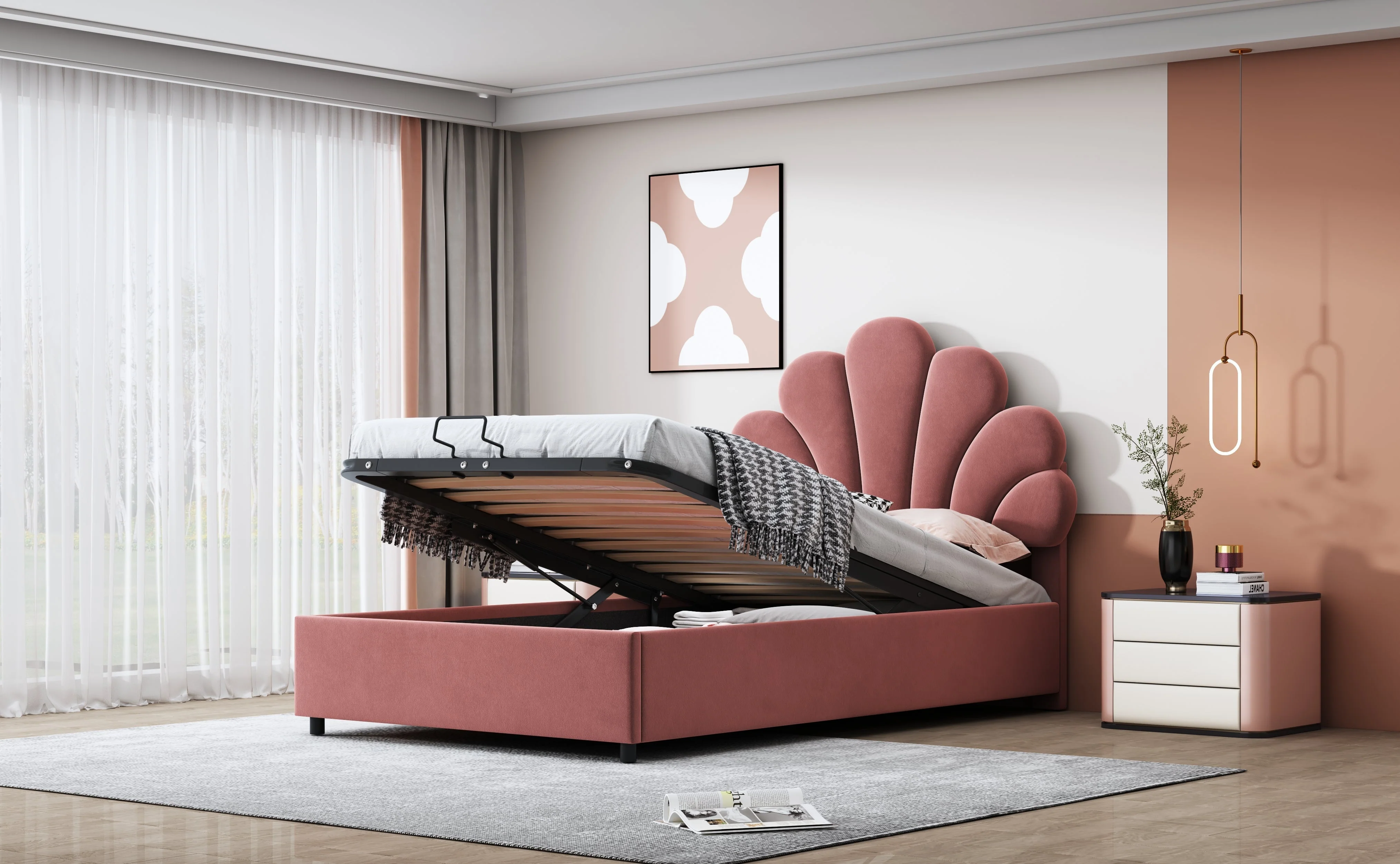 Upholstered Children's Bed 90x200cm Floral Headboard Hydraulic Storage Velvet Pink - Image 7
