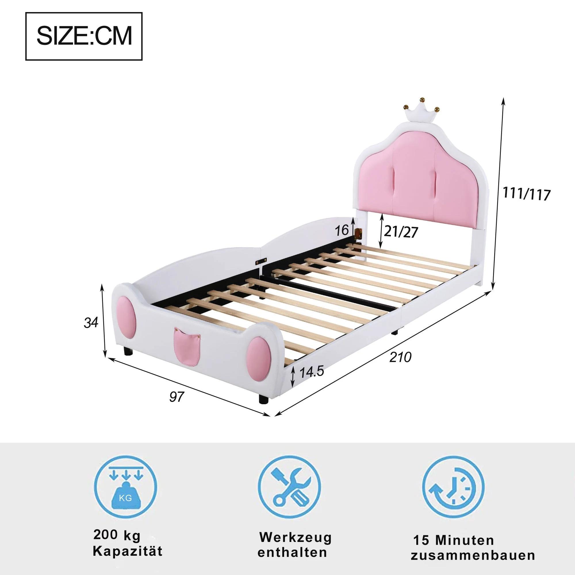 Upholstered Children's Bed 90x200cm Headboard Faux Leather White - Image 8