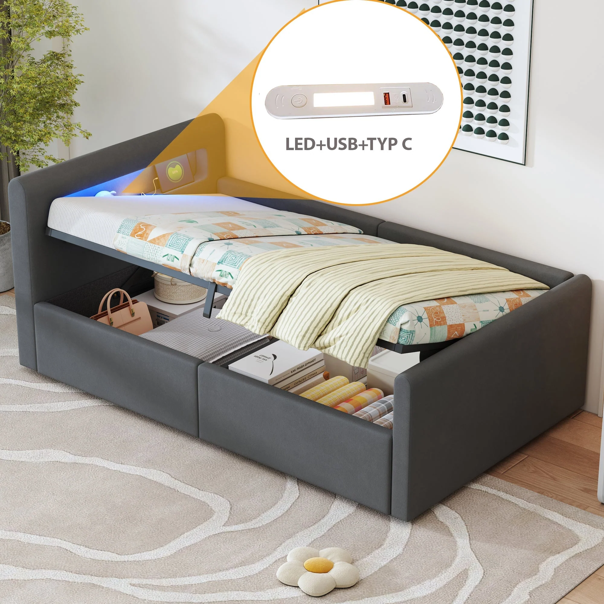 Upholstered Children's Bed 90x200cm LED Night Light USB Hydraulic Storage Velvet Dark Grey - Image 2