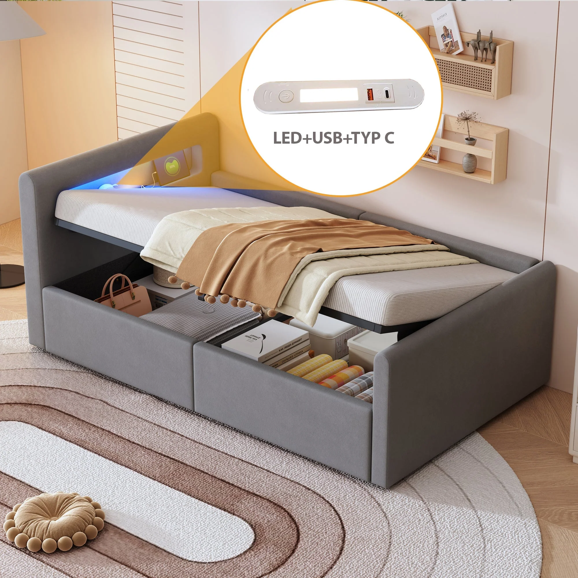 Upholstered Children's Bed 90x200cm LED USB Hydraulic Storage, Light Grey Velvet - Image 2