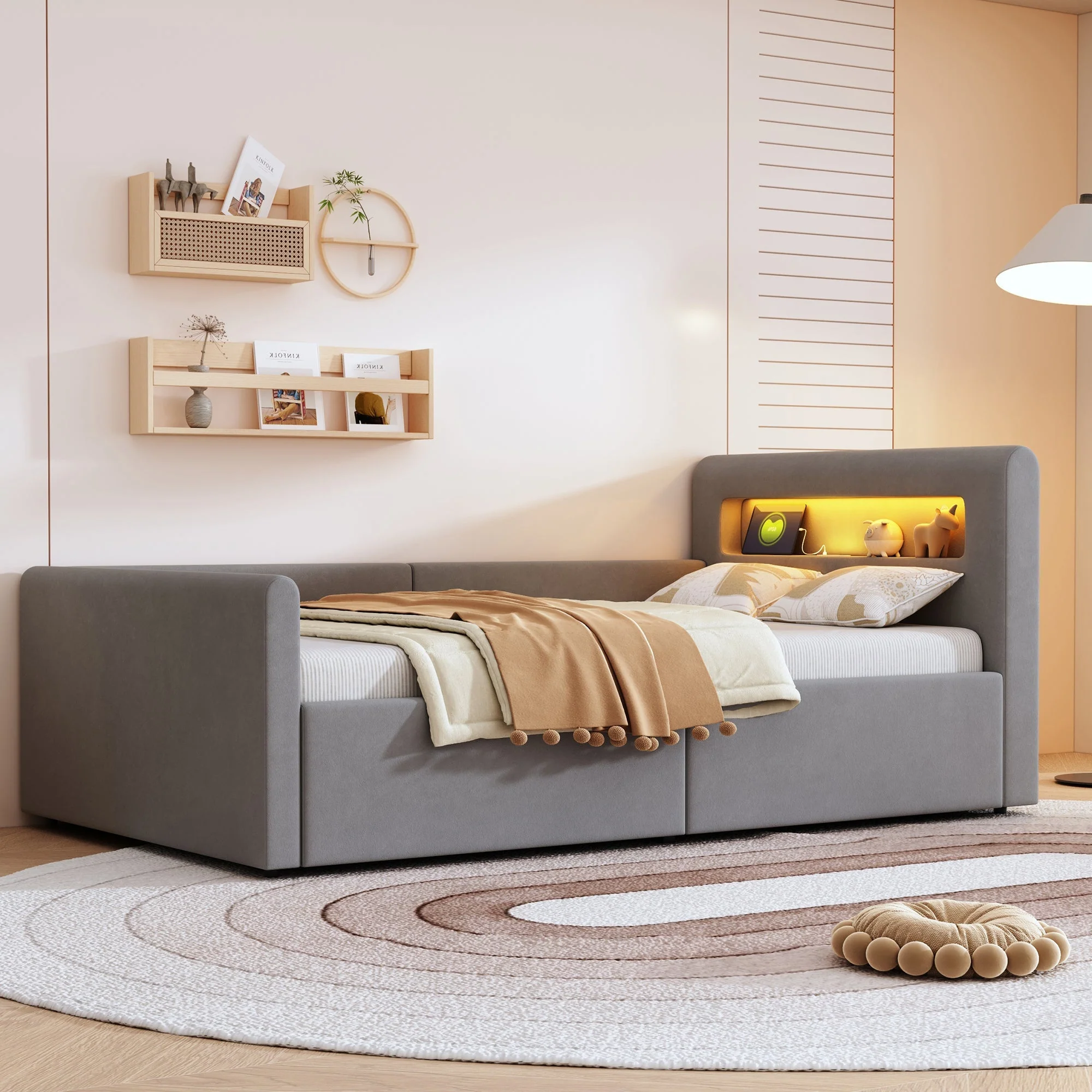 Upholstered Children's Bed 90x200cm LED USB Hydraulic Storage, Light Grey Velvet - Image 5