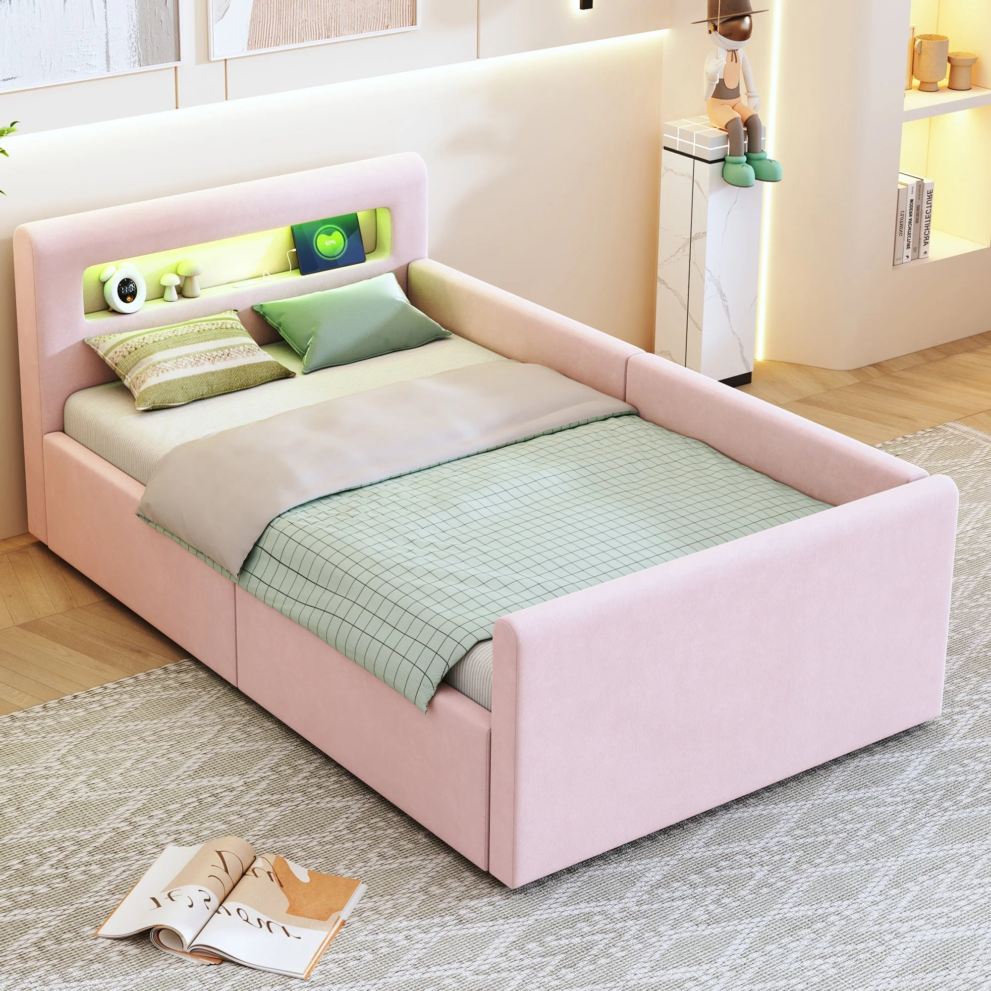 Upholstered Children's Bed 90x200cm LED USB Storage Velvet Pink - Image 3