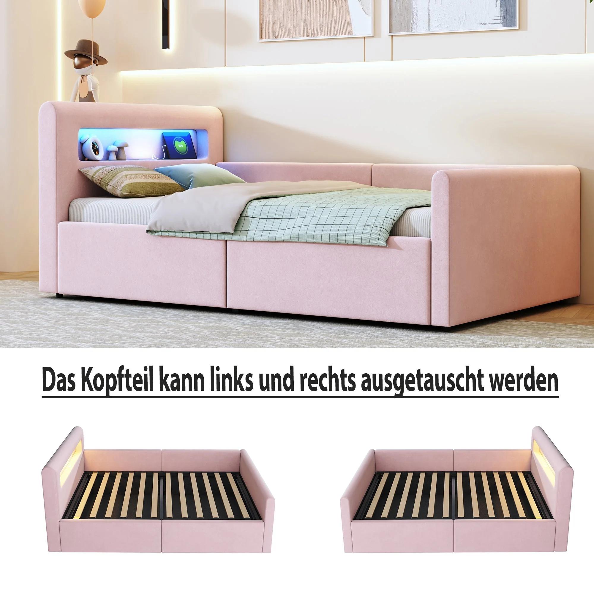 Upholstered Children's Bed 90x200cm LED USB Storage Velvet Pink - Image 7