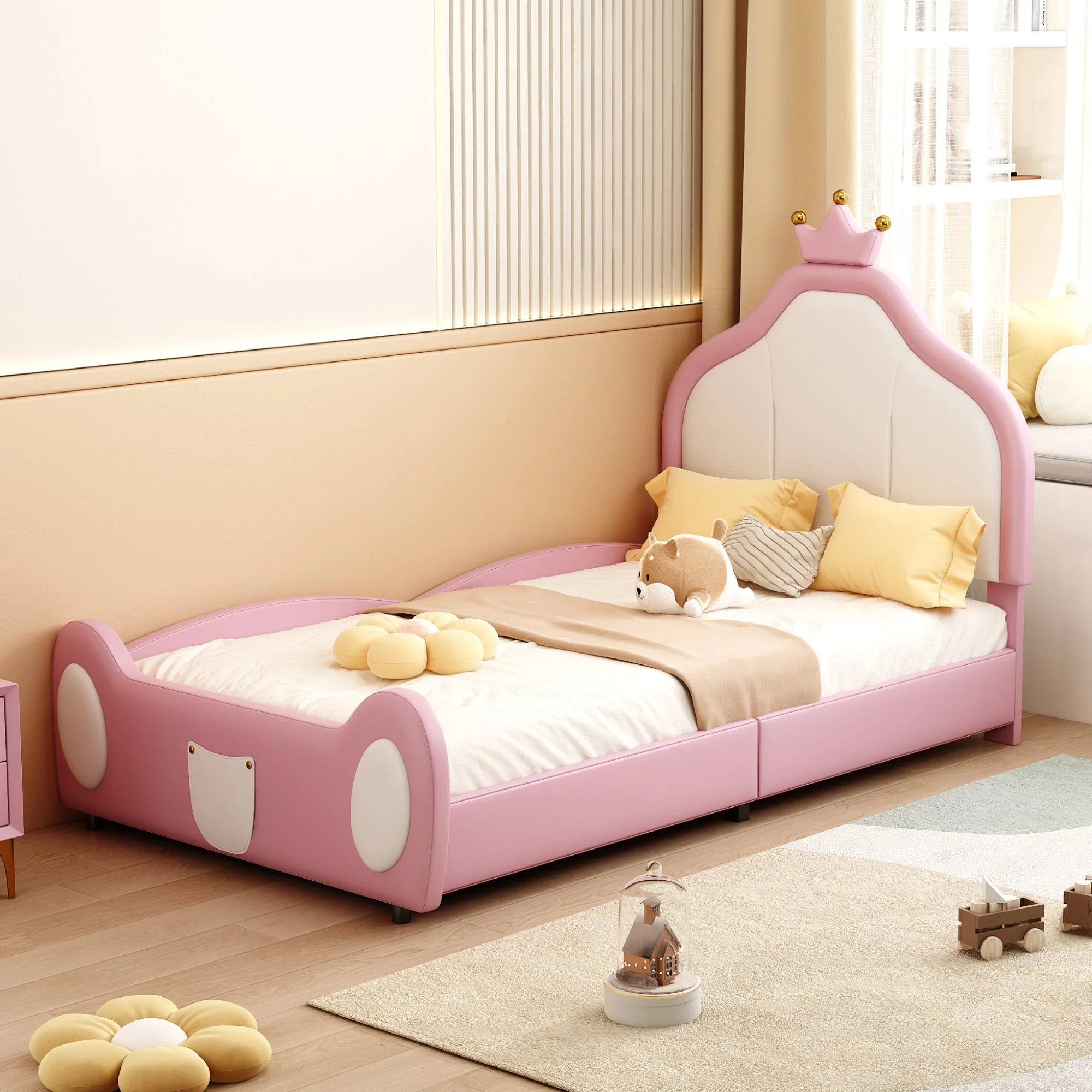 Upholstered Children's Bed 90x200cm Patchwork Design Faux Leather Pink