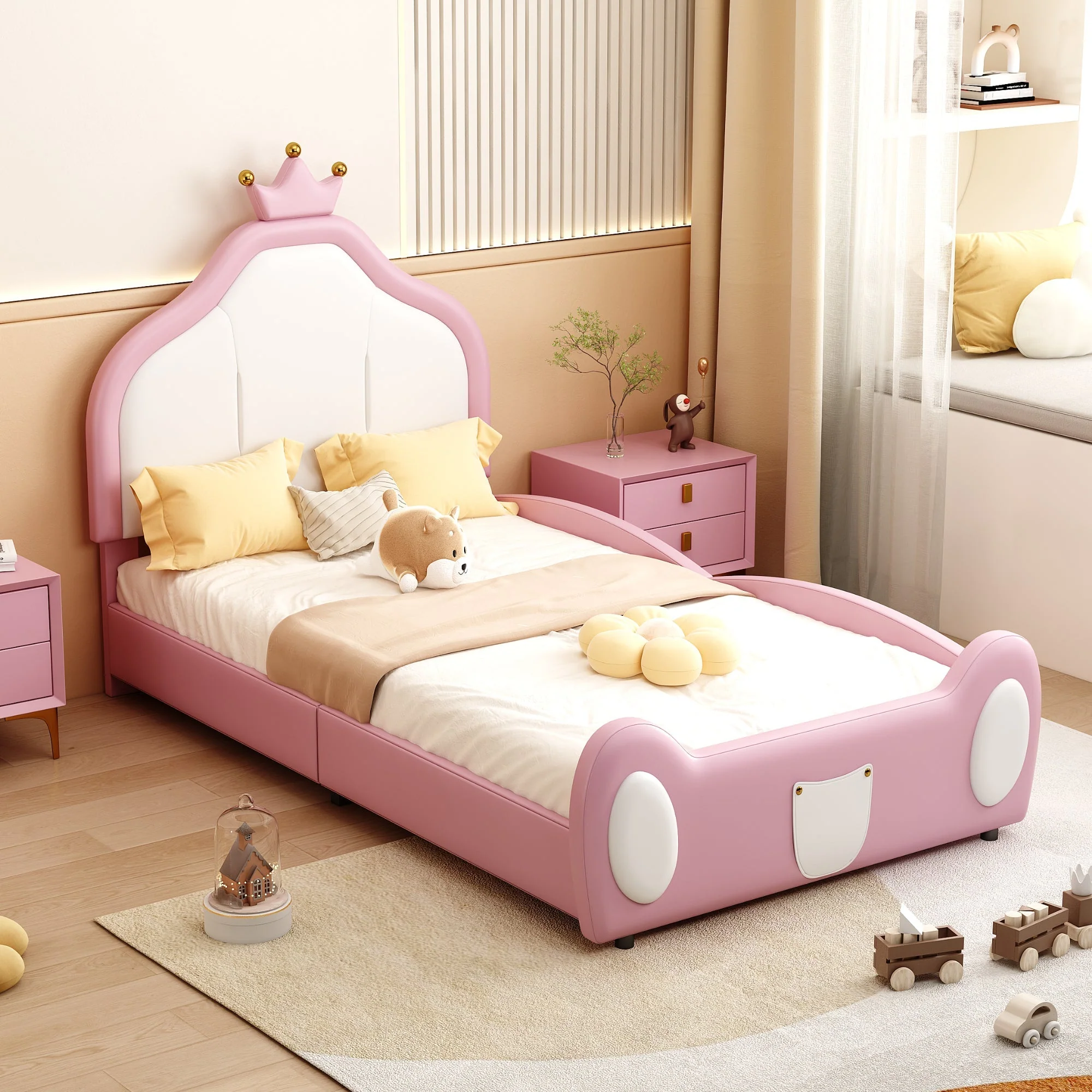 Upholstered Children's Bed 90x200cm Patchwork Design Faux Leather Pink - Image 3