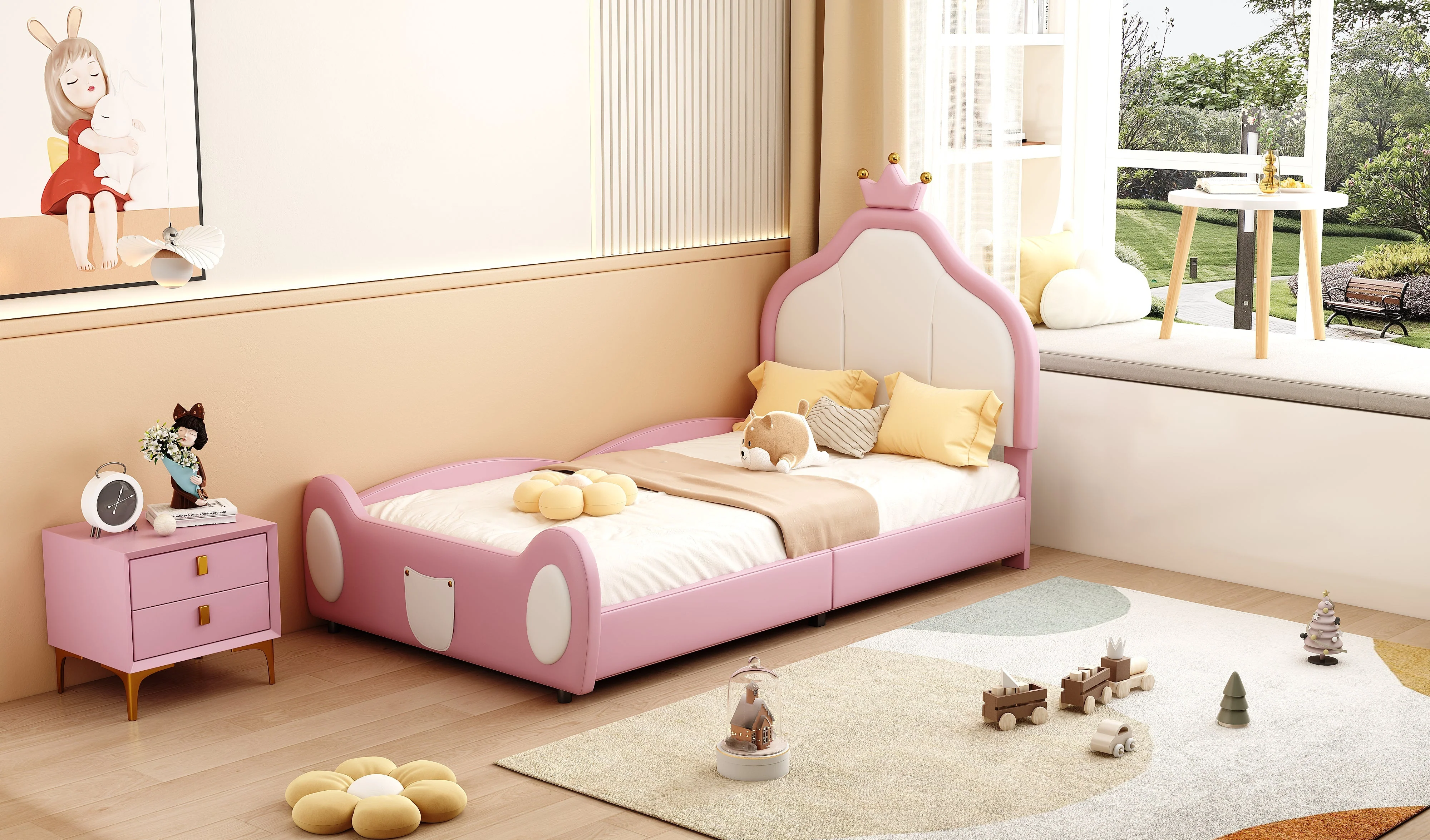 Upholstered Children's Bed 90x200cm Patchwork Design Faux Leather Pink - Image 4