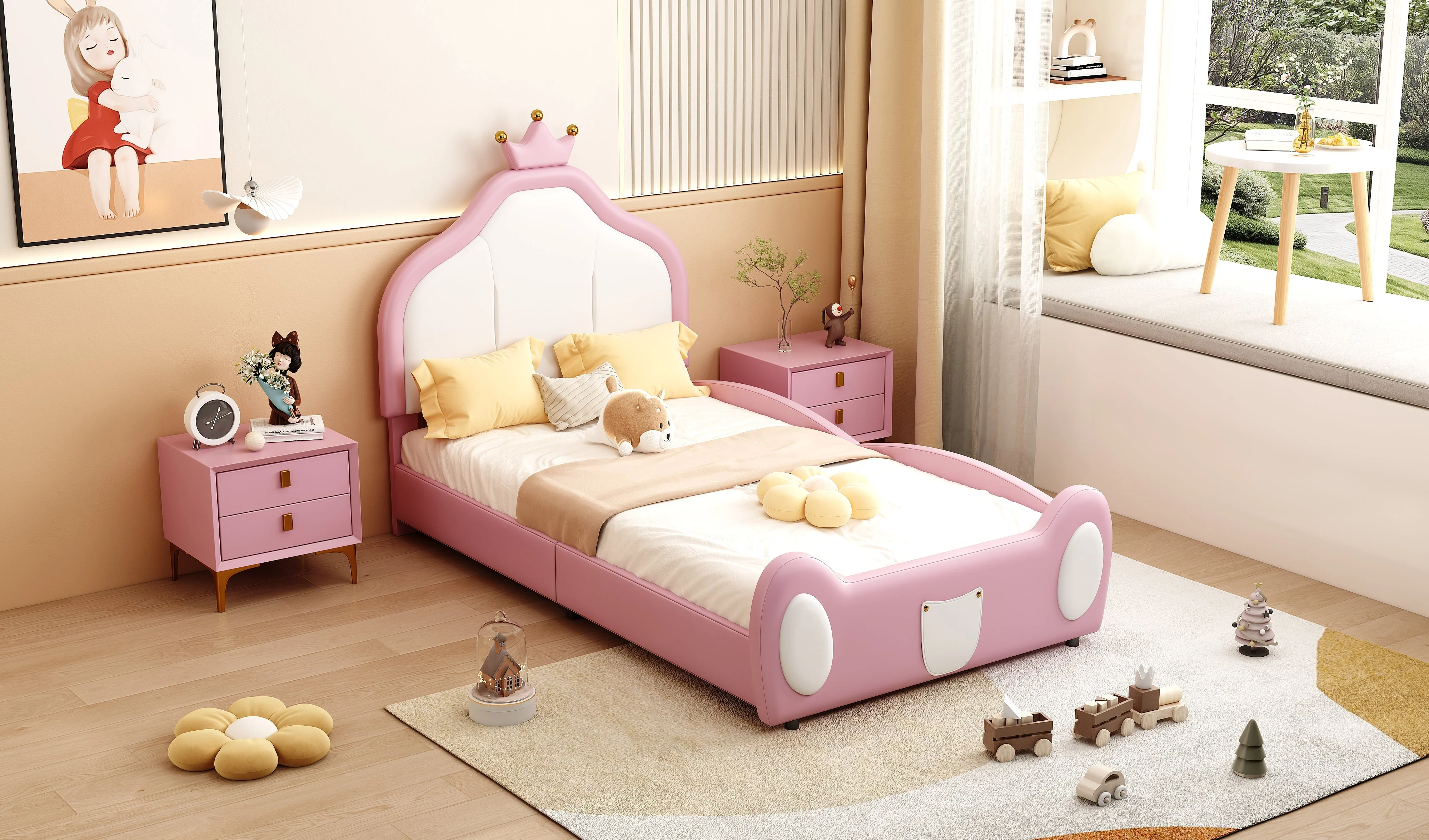 Upholstered Children's Bed 90x200cm Patchwork Design Faux Leather Pink - Image 6