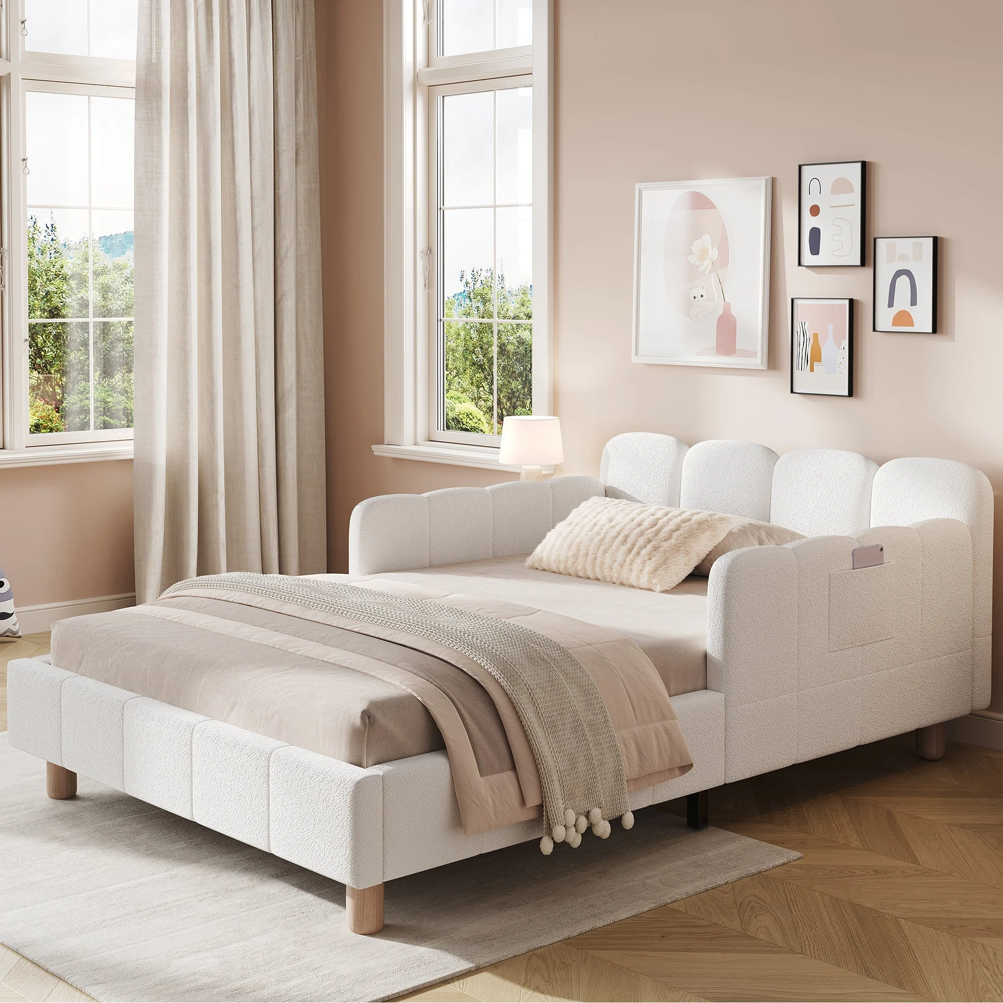 Upholstered Children's Bed, 90x200cm Single Bed with Safety Rail and Solid Wood Legs, Beige Bouclé - Image 2