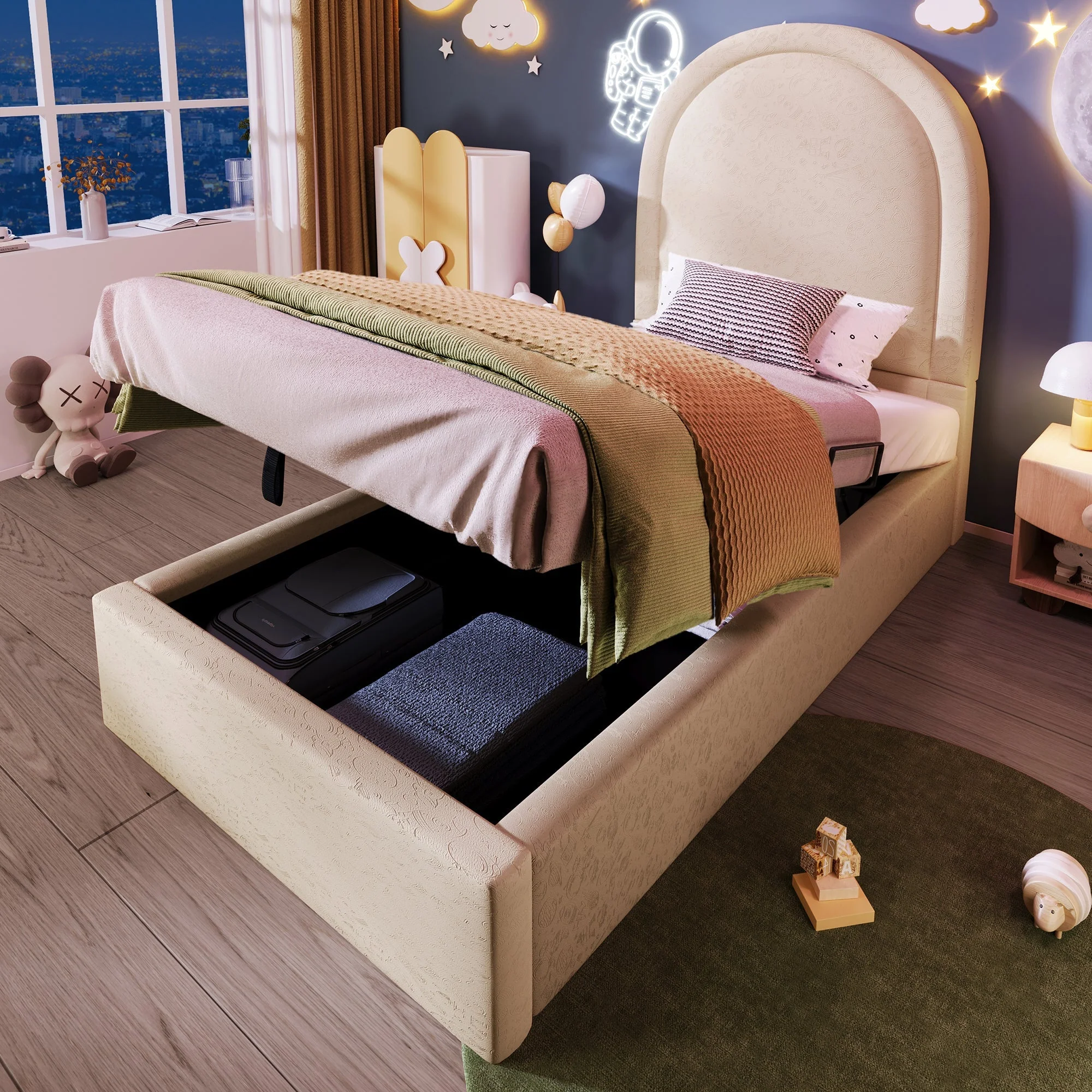 Upholstered children's bed, single bed with cosmic pattern, 90 x 190 cm, beige PU - Image 6