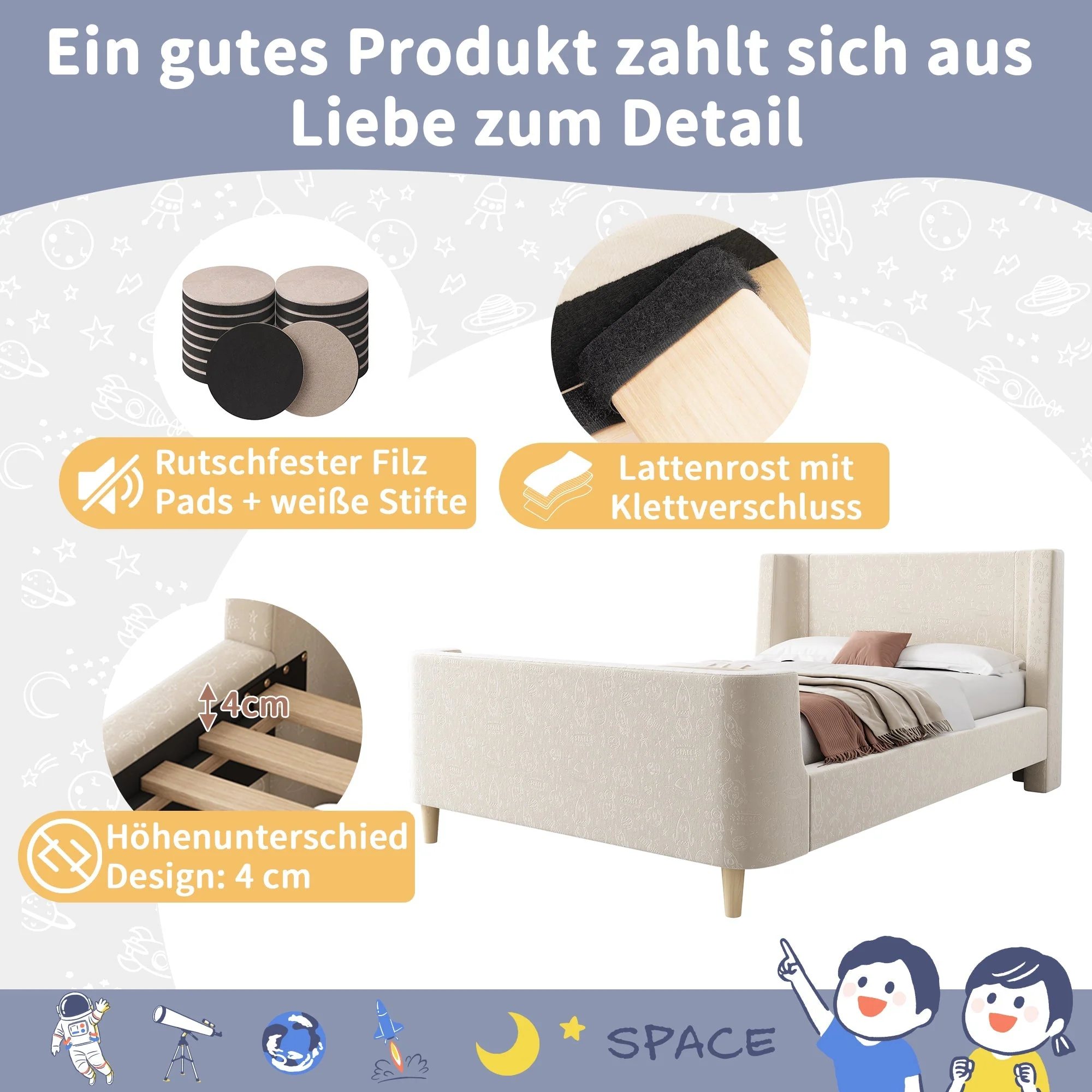 Upholstered Children's Bed, Single Sleigh with Cosmic Pattern, Beige Velvet - Image 5