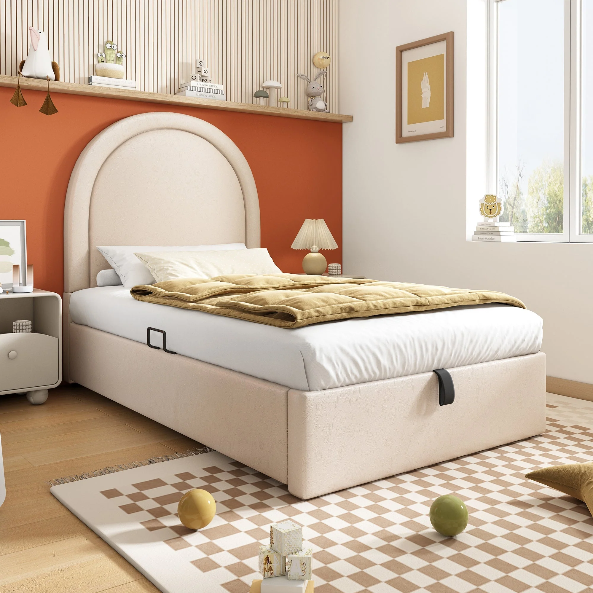 Upholstered Children's Bed, Single with Cosmic Pattern, Beige PU - Image 10