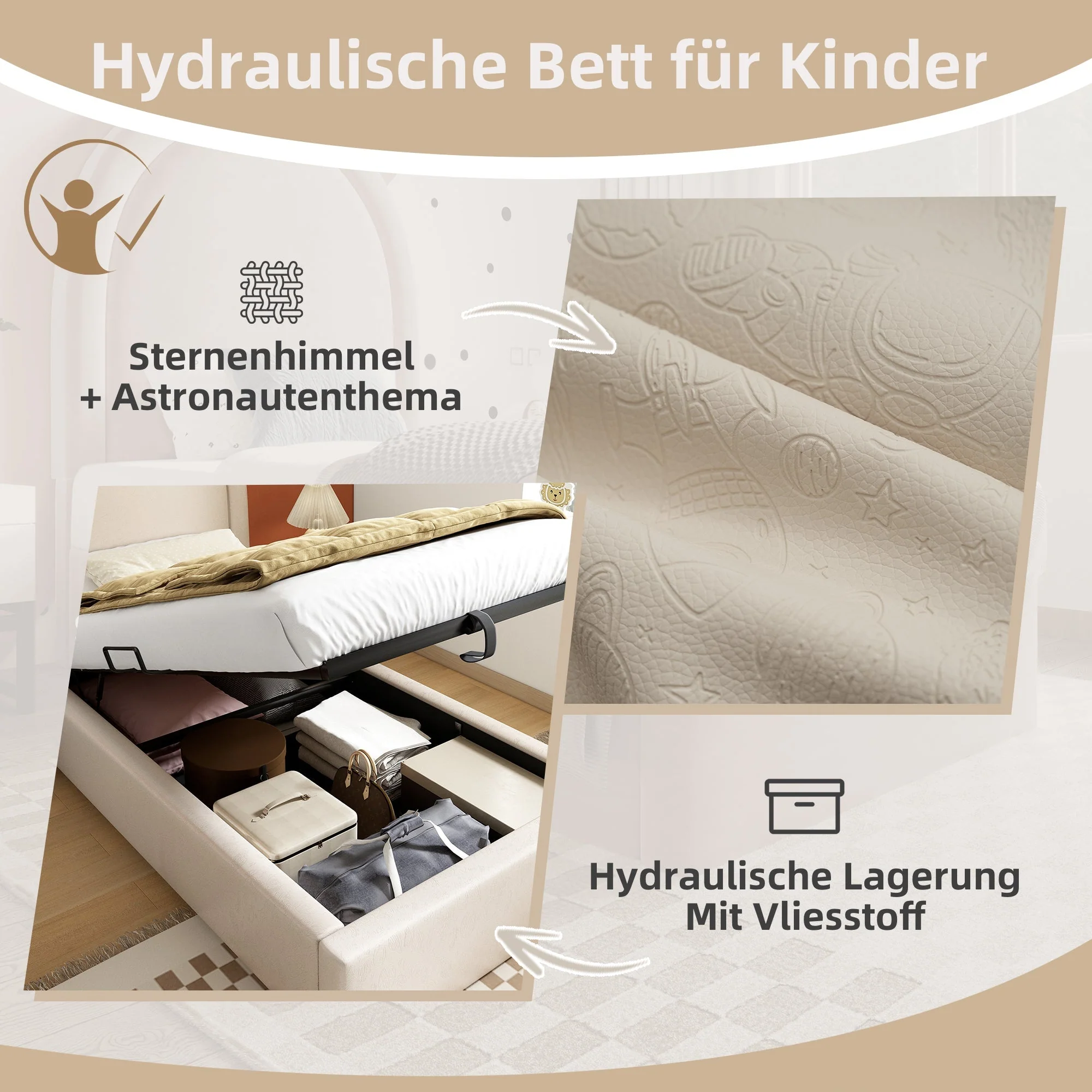 Upholstered Children's Bed, Single with Cosmic Pattern, Beige PU - Image 4